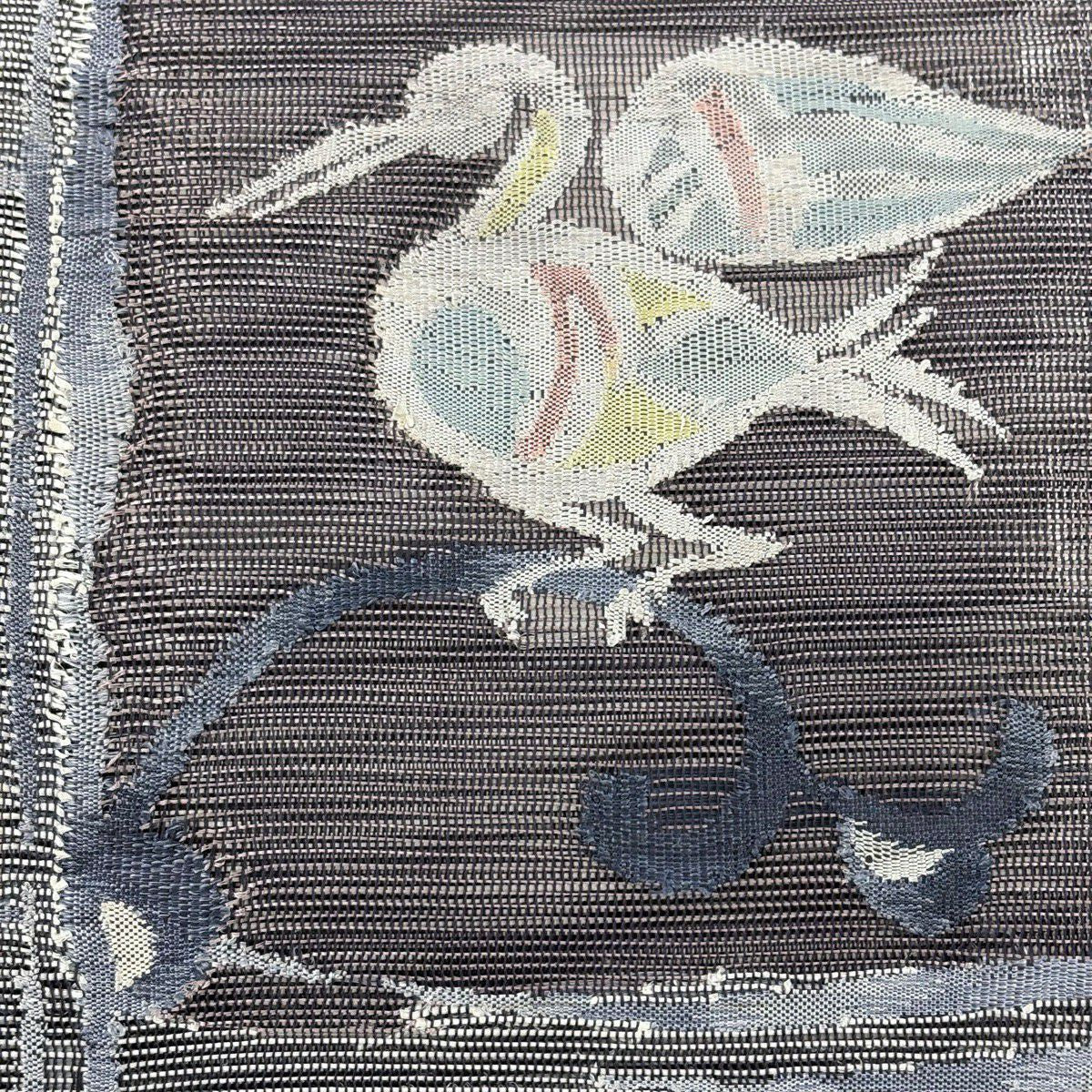 【美品】 名古屋帶 秀品級 夏帶 八寸名古屋帶 隧道仕立 鳥 草花紋紋 銀線 黑灰 純蠶絲