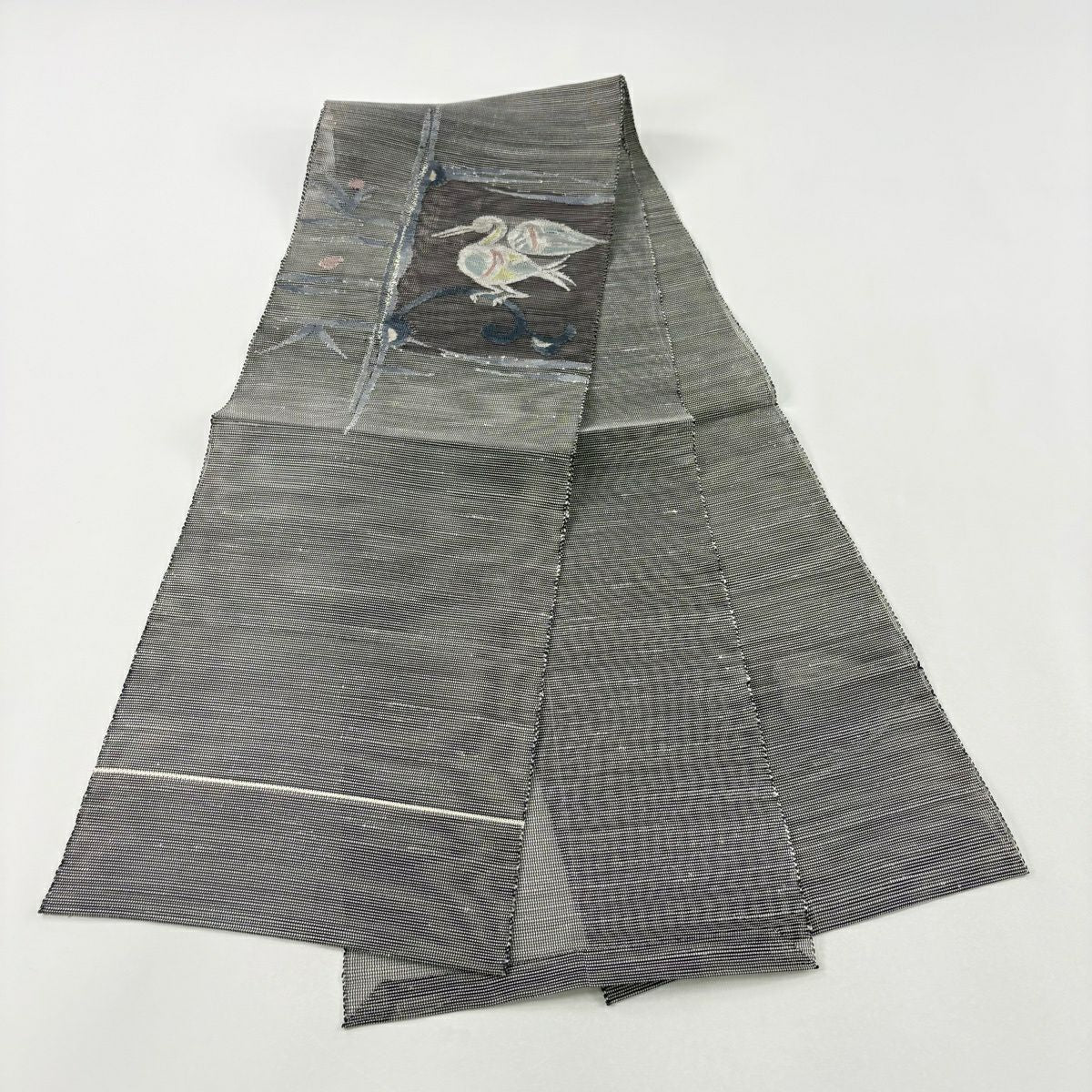 【美品】 名古屋帶 秀品級 夏帶 八寸名古屋帶 隧道仕立 鳥 草花紋紋 銀線 黑灰 純蠶絲