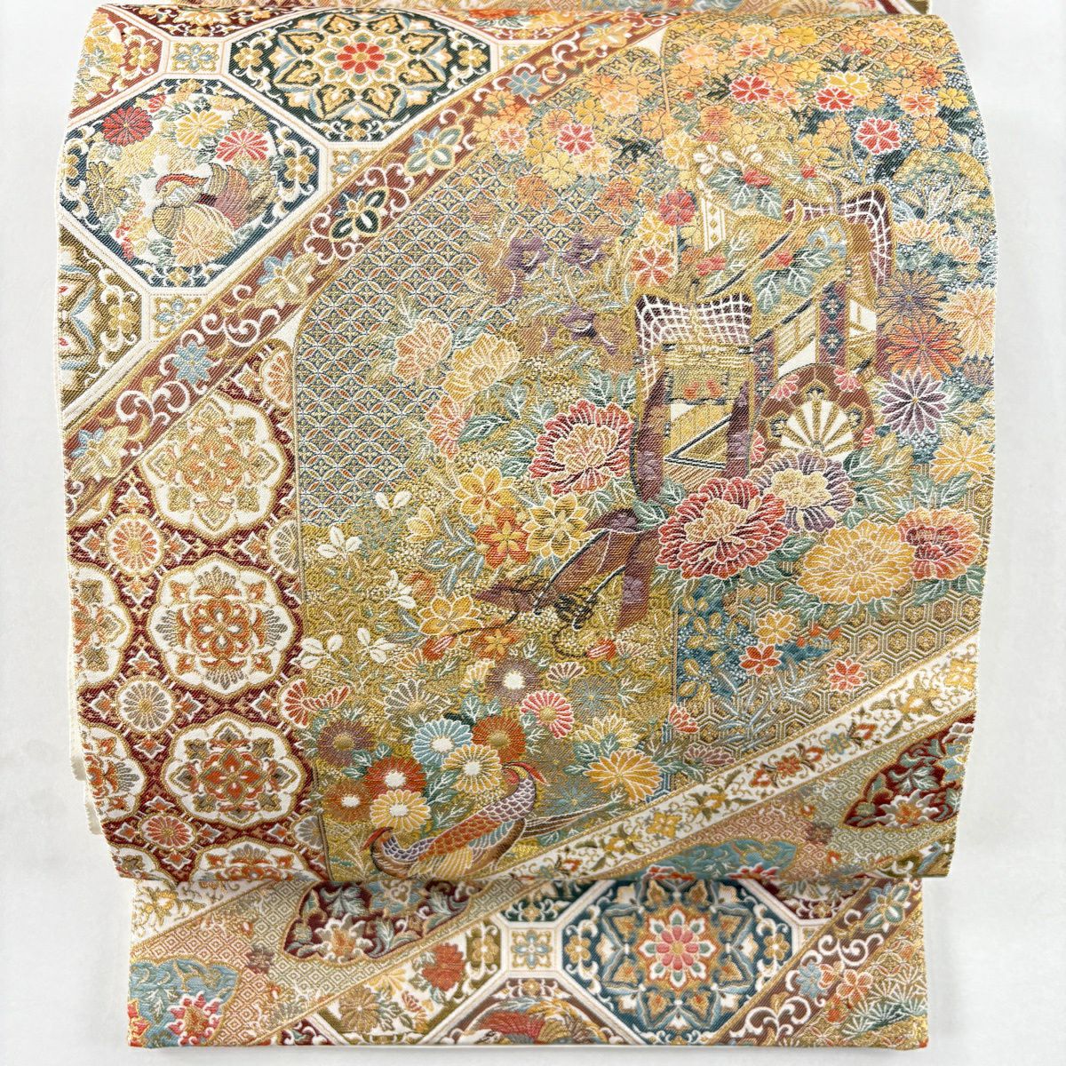 【美品】 袋帶 秀品級 古代蒔繪文 御所車 花鳥 本金金箔 金絲 金 六通 純蠶絲