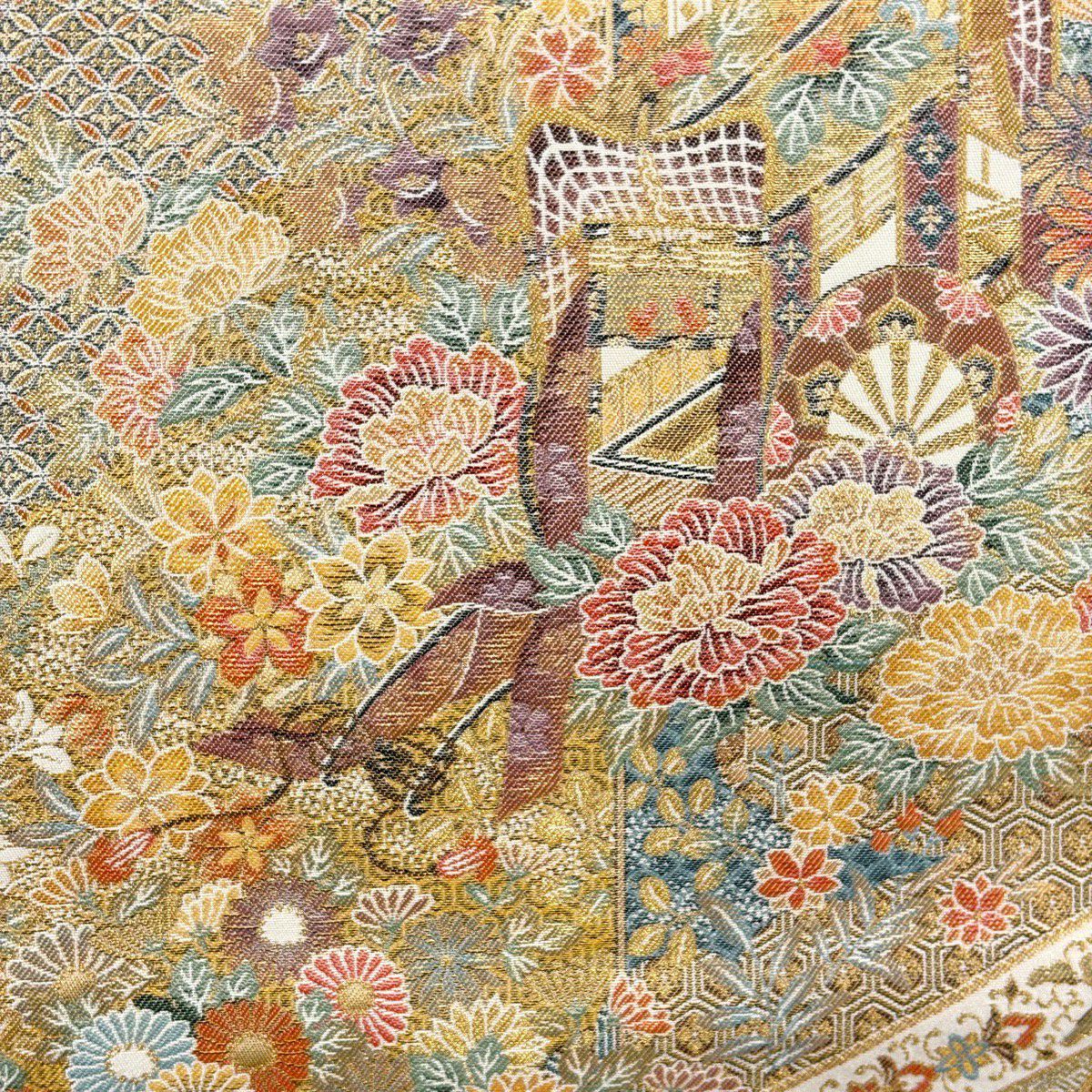 【美品】 袋帶 秀品級 古代蒔繪文 御所車 花鳥 本金金箔 金絲 金 六通 純蠶絲