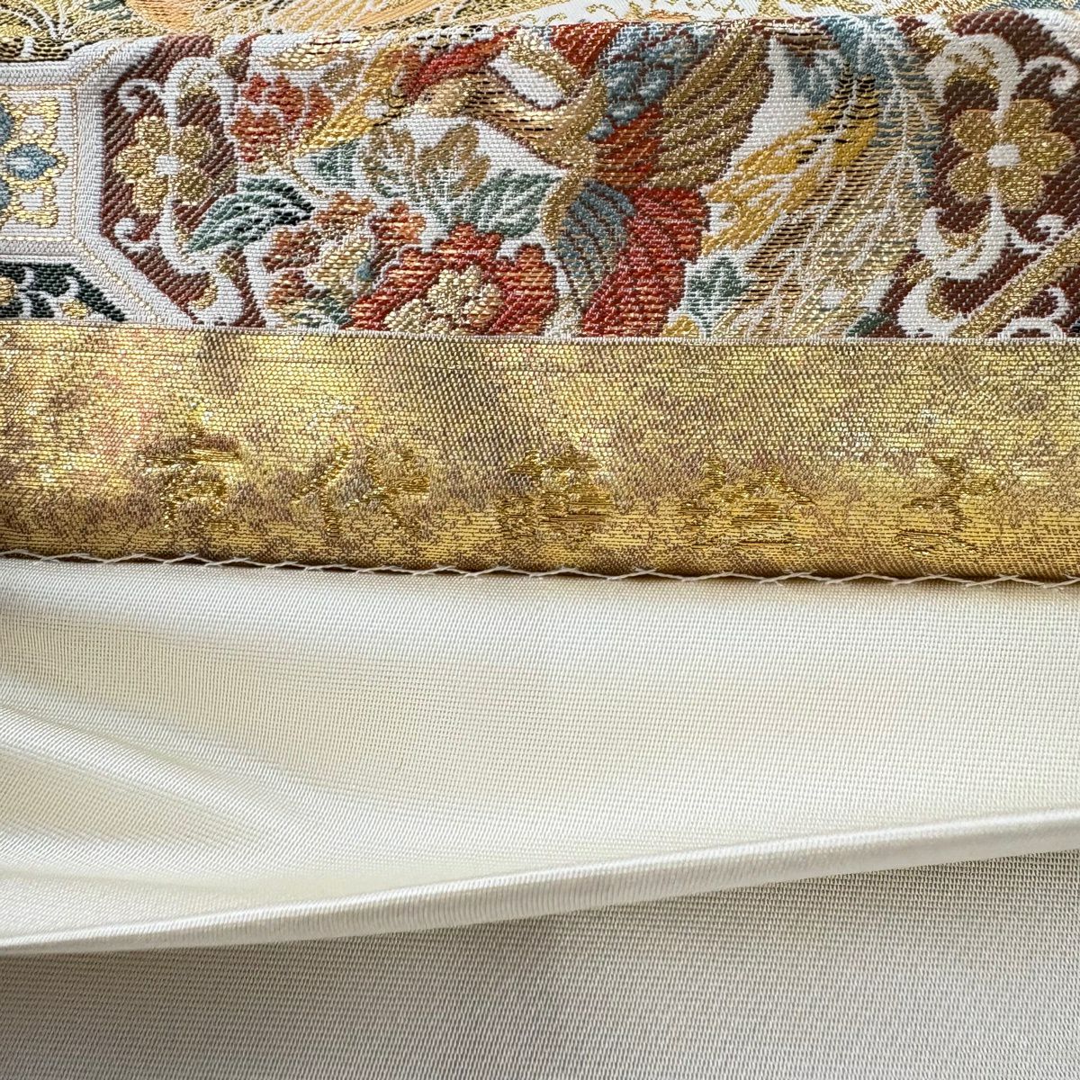【美品】 袋帶 秀品級 古代蒔繪文 御所車 花鳥 本金金箔 金絲 金 六通 純蠶絲
