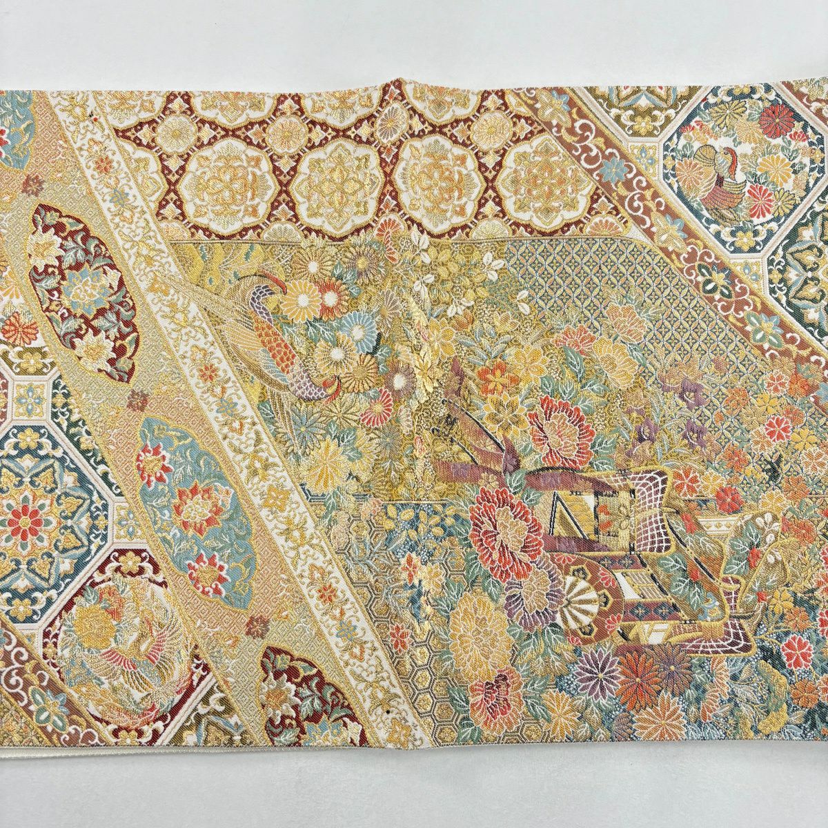 【美品】 袋帶 秀品級 古代蒔繪文 御所車 花鳥 本金金箔 金絲 金 六通 純蠶絲