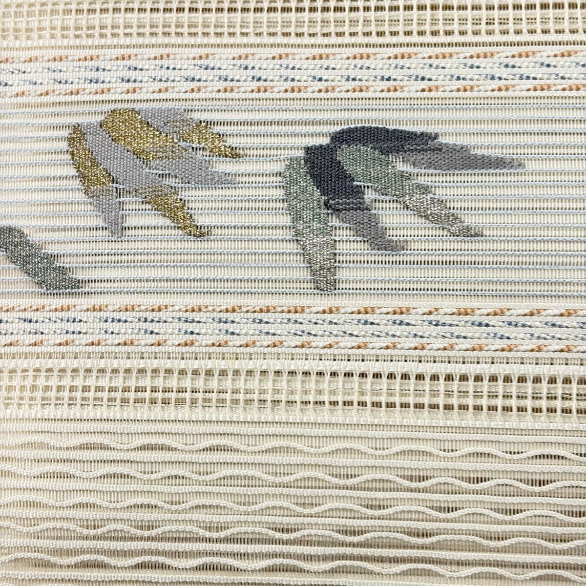 【美品】名古屋帶 秀品級 夏帶 絽 八寸名古屋帶 松樹葉仕立 葉 縞 金銀彩 金金箔 米色 純蠶絲