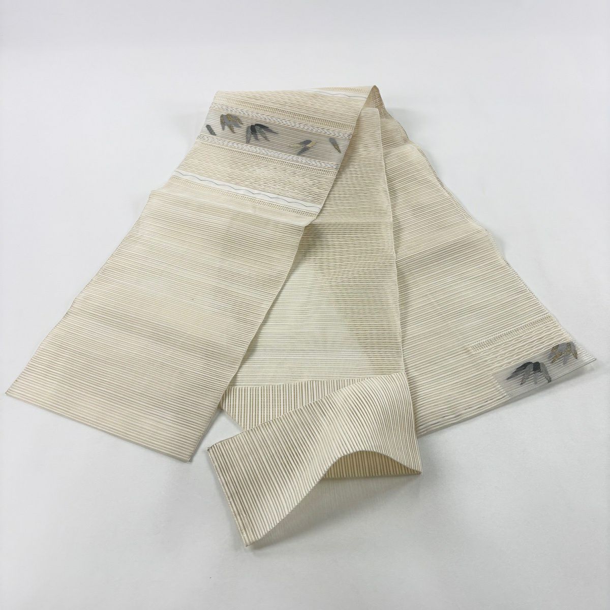 【美品】名古屋帶 秀品級 夏帶 絽 八寸名古屋帶 松樹葉仕立 葉 縞 金銀彩 金金箔 米色 純蠶絲