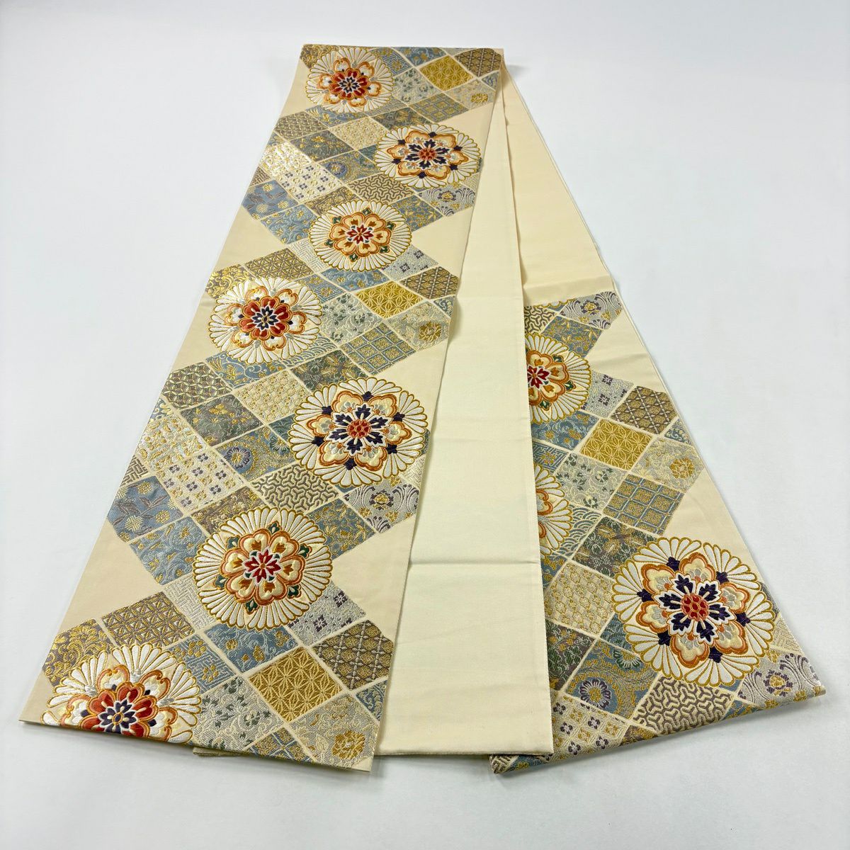 【美品】 袋帶 秀品級 古代裂 辻花染 華紋 刺繡 金銀糸 米色 六通 純蠶絲