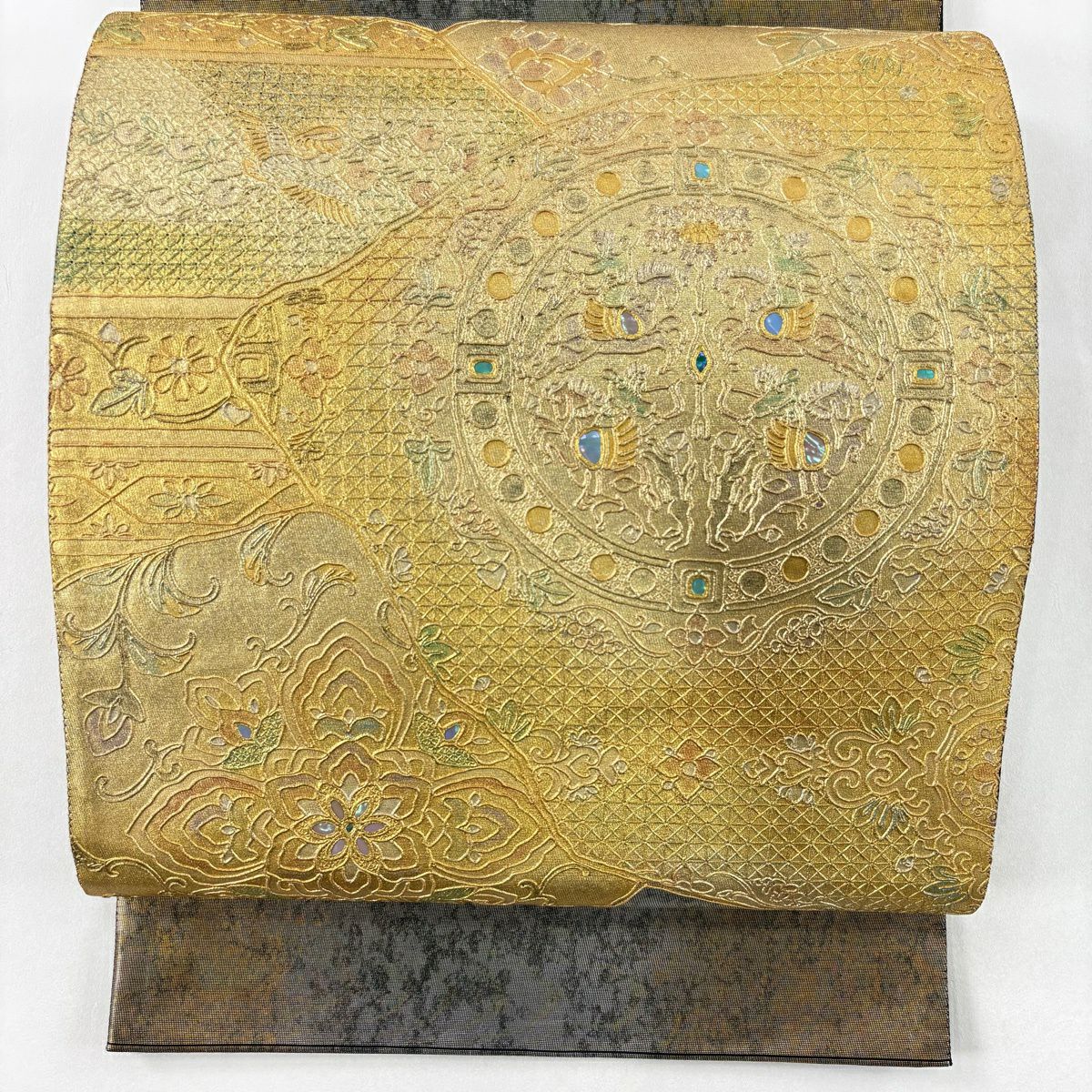 【美品】 袋帶 秀品級 關西仕立 雜獵文 華紋 螺鈿 金銀彩 金色 大鼓圖案 純蠶絲