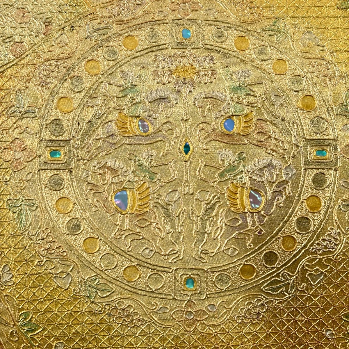 【美品】 袋帶 秀品級 關西仕立 雜獵文 華紋 螺鈿 金銀彩 金色 大鼓圖案 純蠶絲