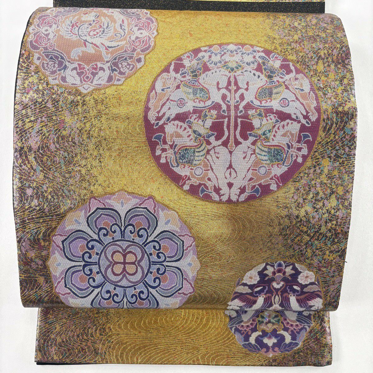 【美品】 袋帶 秀品級 狩獵紋 華紋 圖金箔螺鈿 金金箔 金色 大鼓圖案 純蠶絲