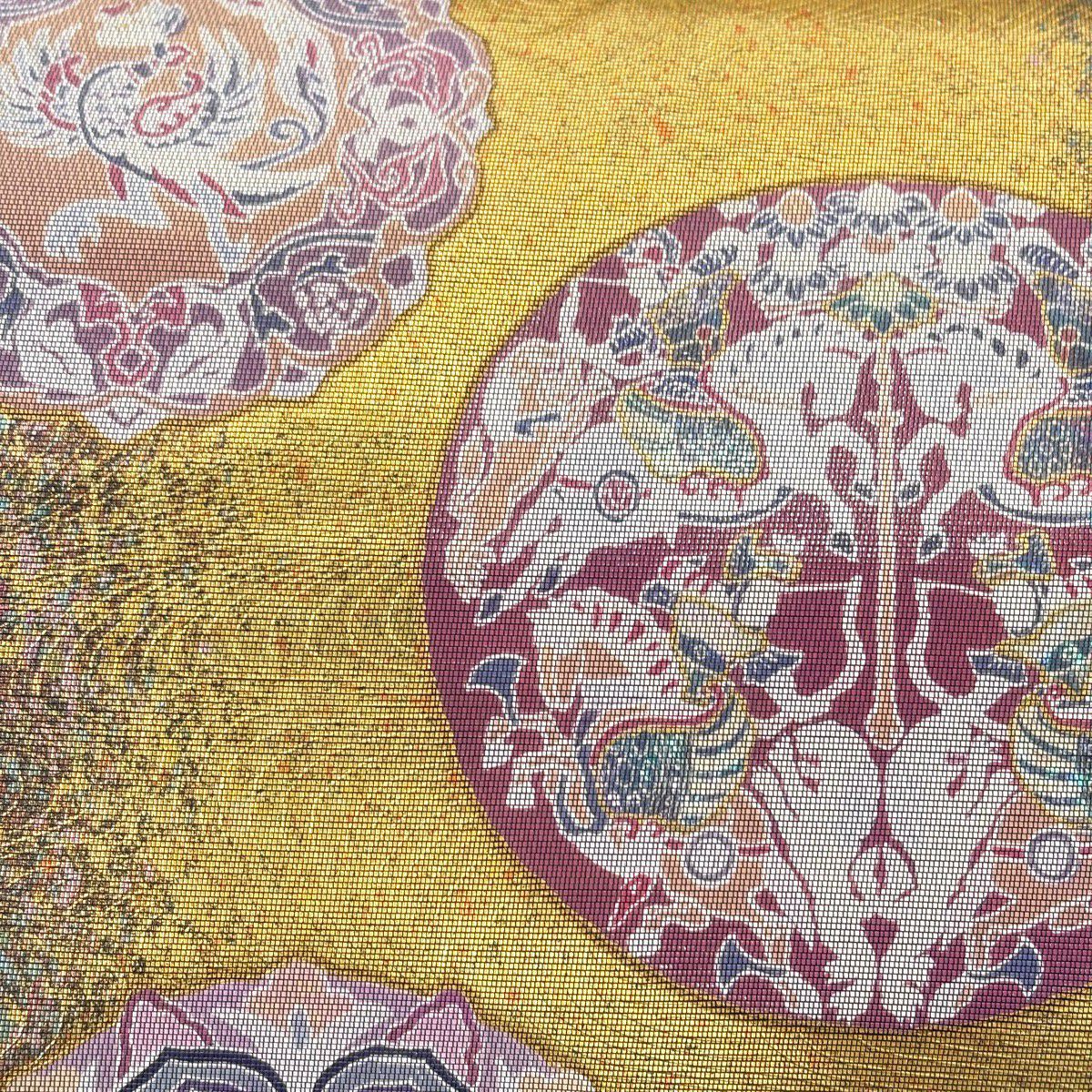 【美品】 袋帶 秀品級 狩獵紋 華紋 圖金箔螺鈿 金金箔 金色 大鼓圖案 純蠶絲