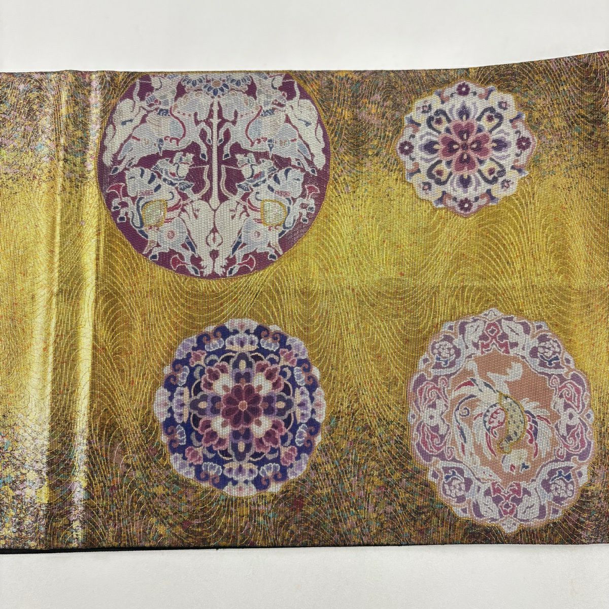 【美品】 袋帶 秀品級 狩獵紋 華紋 圖金箔螺鈿 金金箔 金色 大鼓圖案 純蠶絲