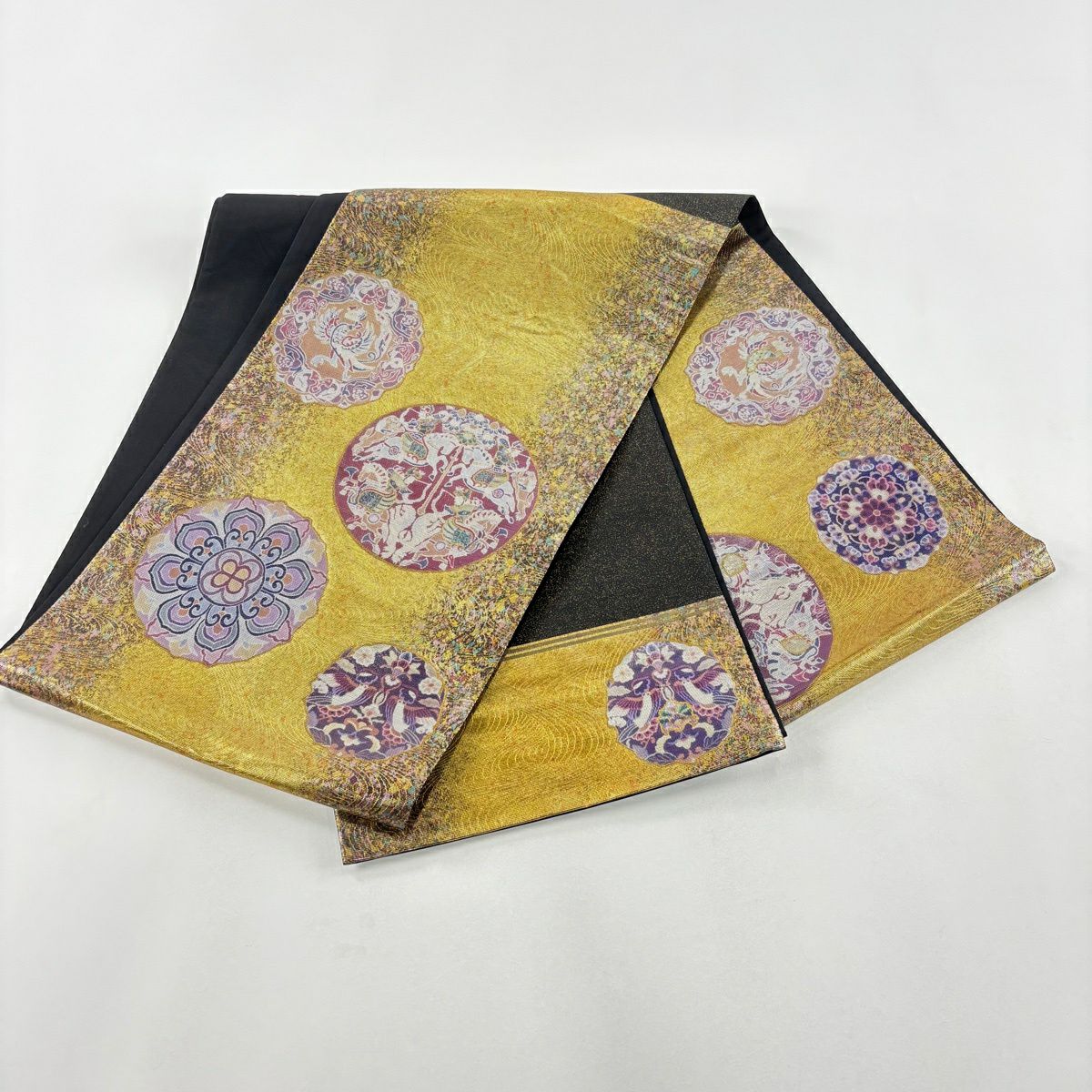 【美品】 袋帶 秀品級 狩獵紋 華紋 圖金箔螺鈿 金金箔 金色 大鼓圖案 純蠶絲