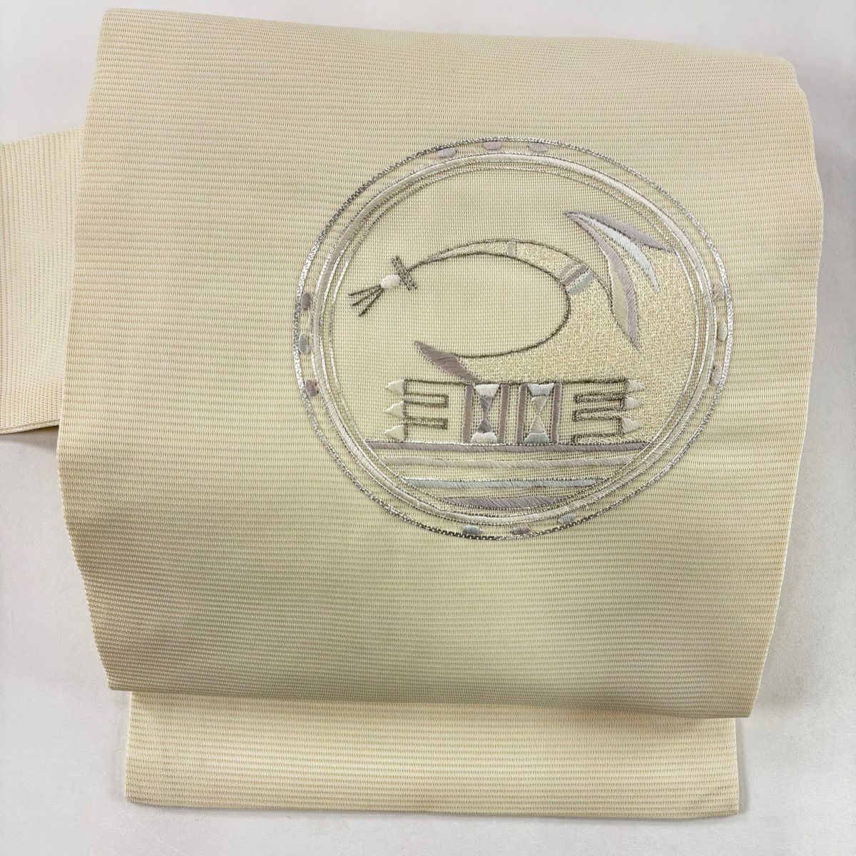 名古屋帶 秀品級 夏帶 絽 圓文 幾何圖案 刺繡 銀線 米色 純蠶絲