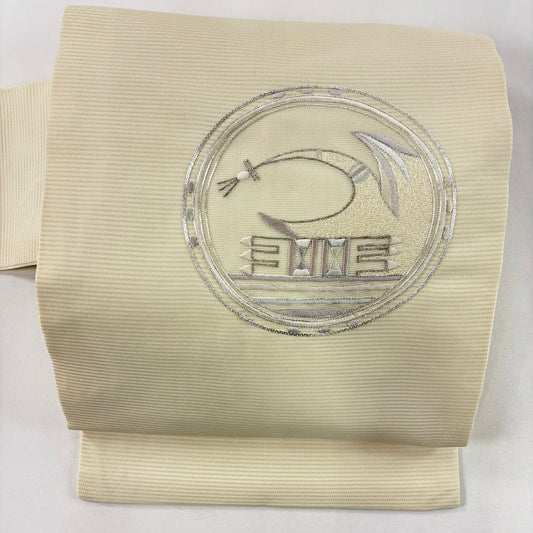 名古屋帶 秀品級 夏帶 絽 圓文 幾何圖案 刺繡 銀線 米色 純蠶絲