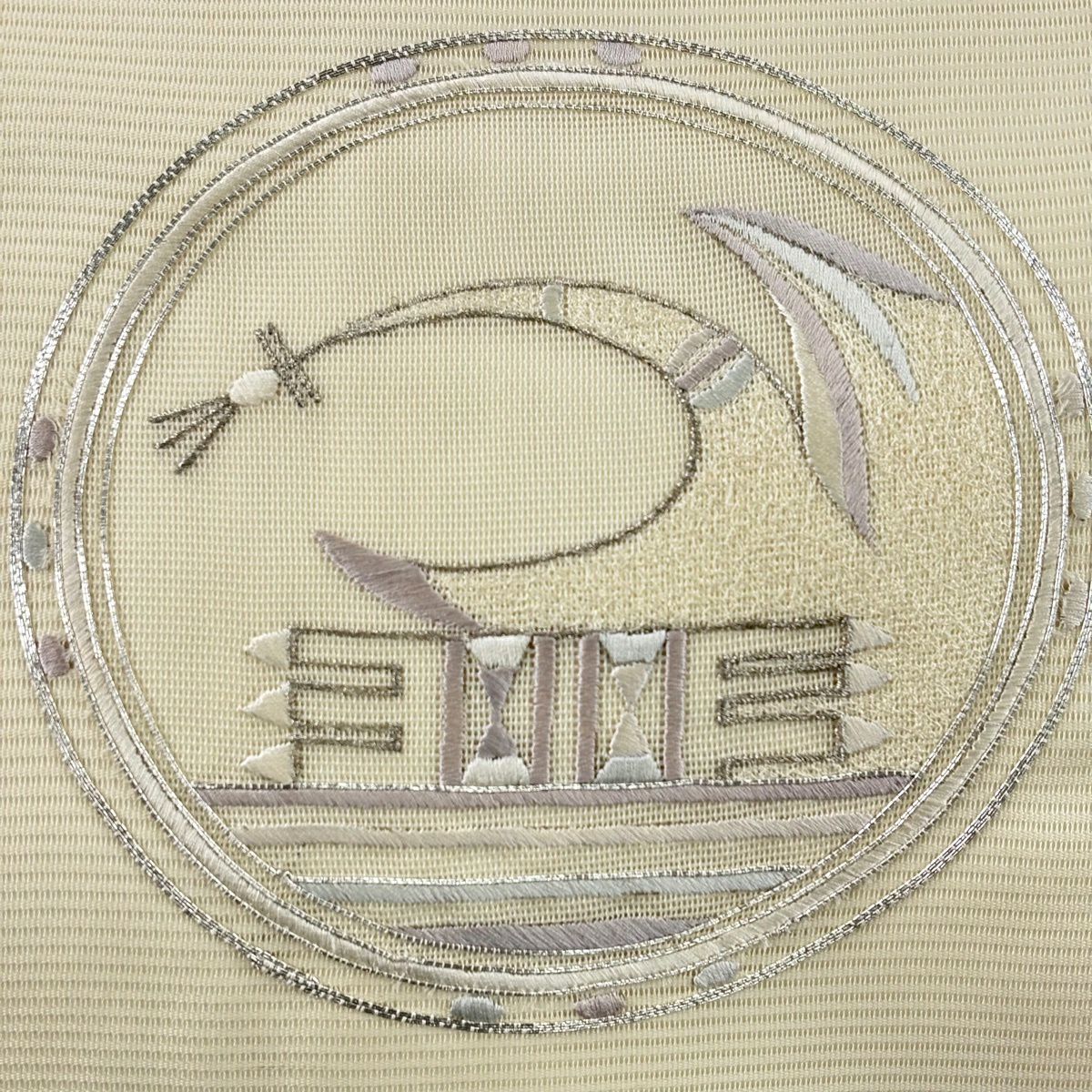 名古屋帶 秀品級 夏帶 絽 圓文 幾何圖案 刺繡 銀線 米色 純蠶絲