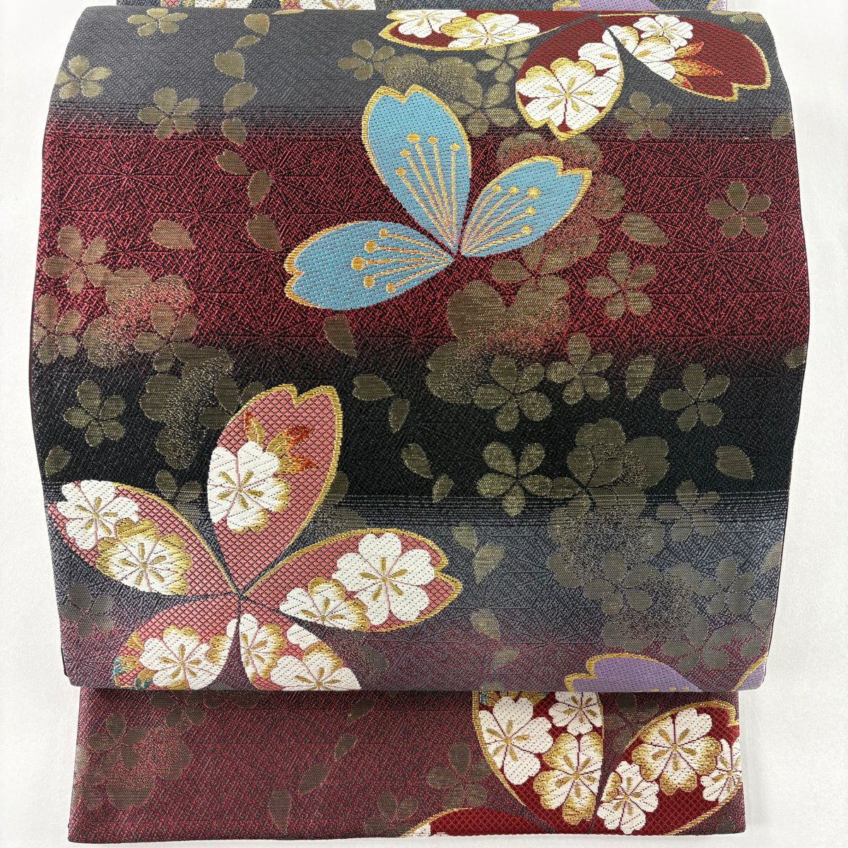 【美品】 袋帶 秀品級櫻花麻葉刺繡金線深紅色六通純蠶絲