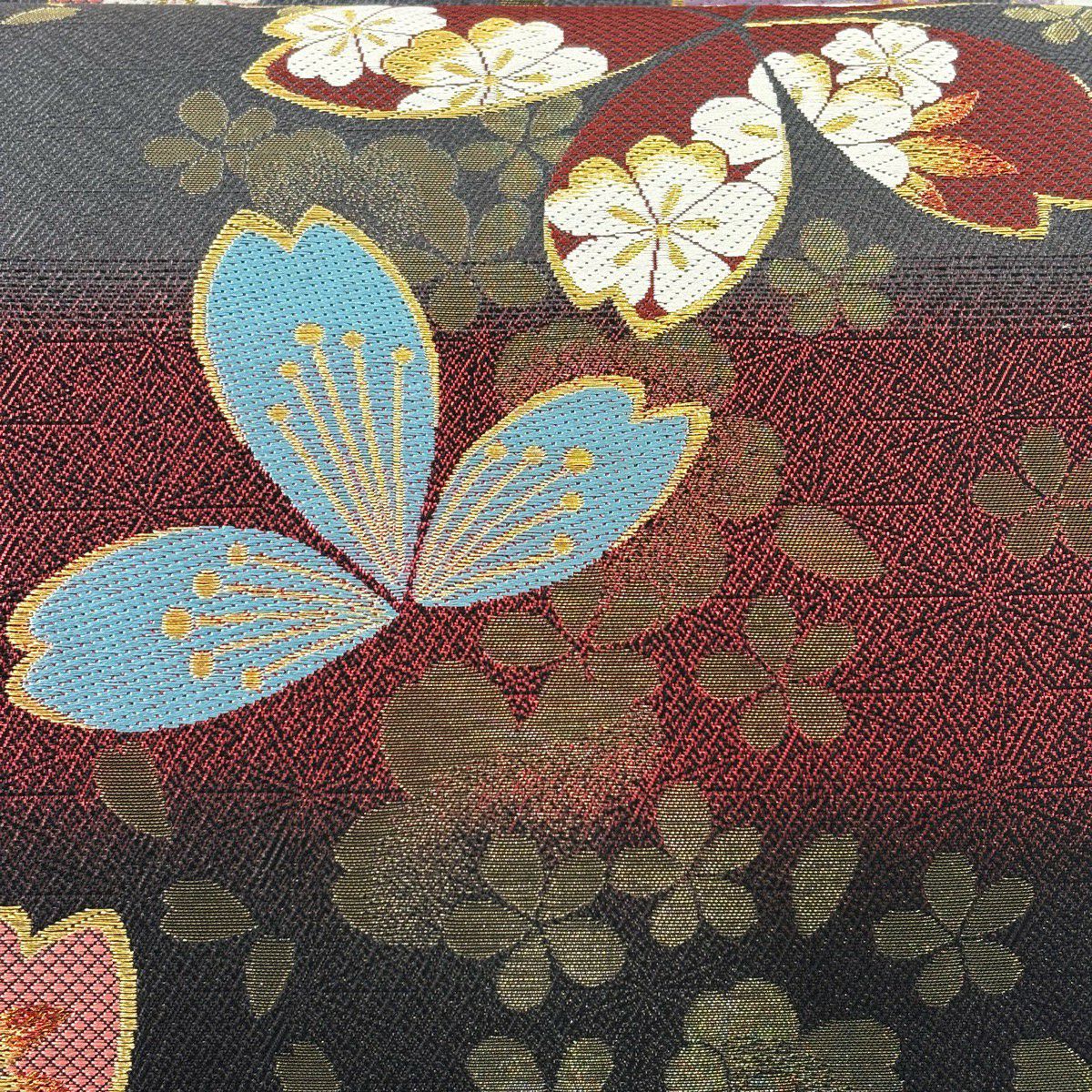 【美品】 袋帶 秀品級櫻花麻葉刺繡金線深紅色六通純蠶絲