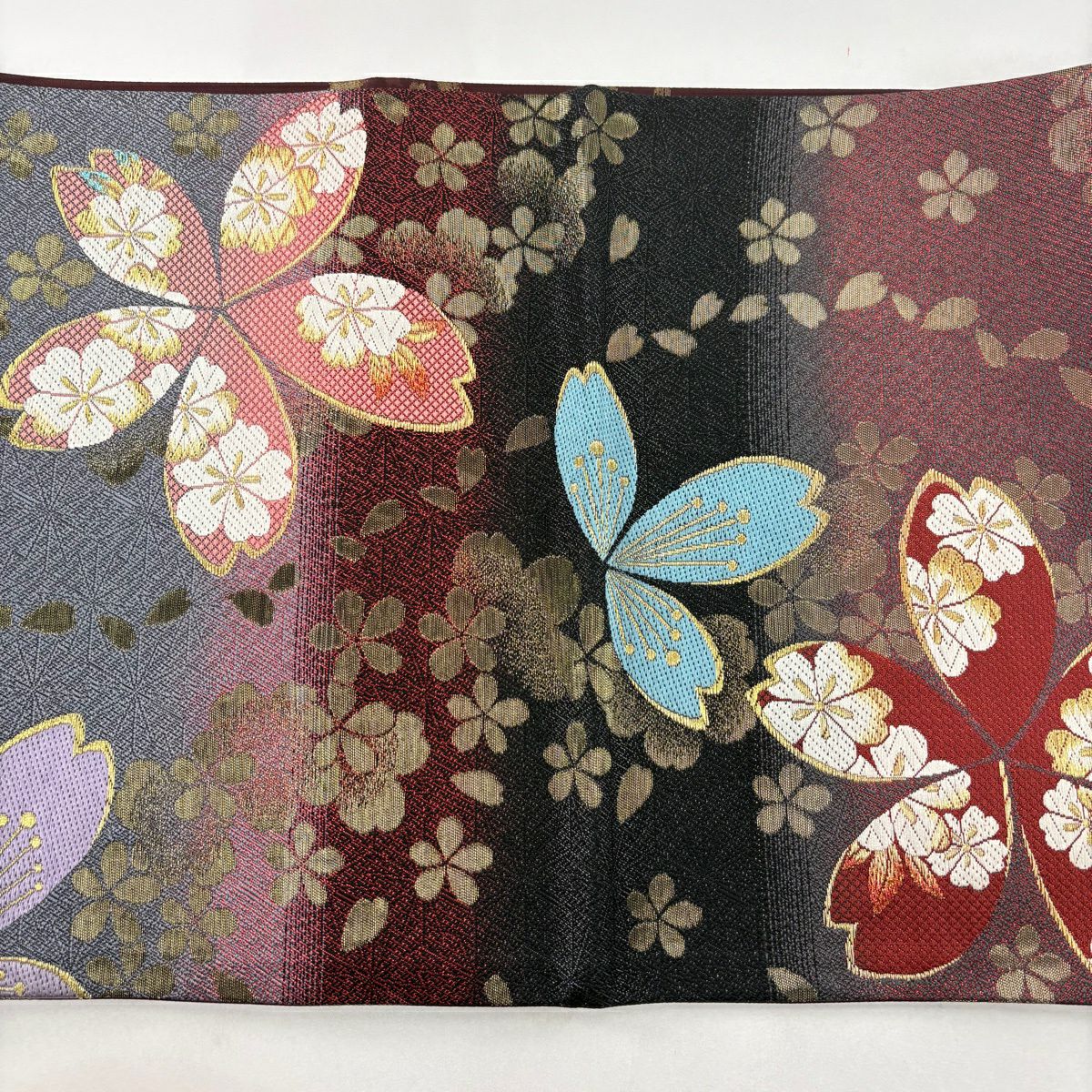 【美品】 袋帶 秀品級櫻花麻葉刺繡金線深紅色六通純蠶絲