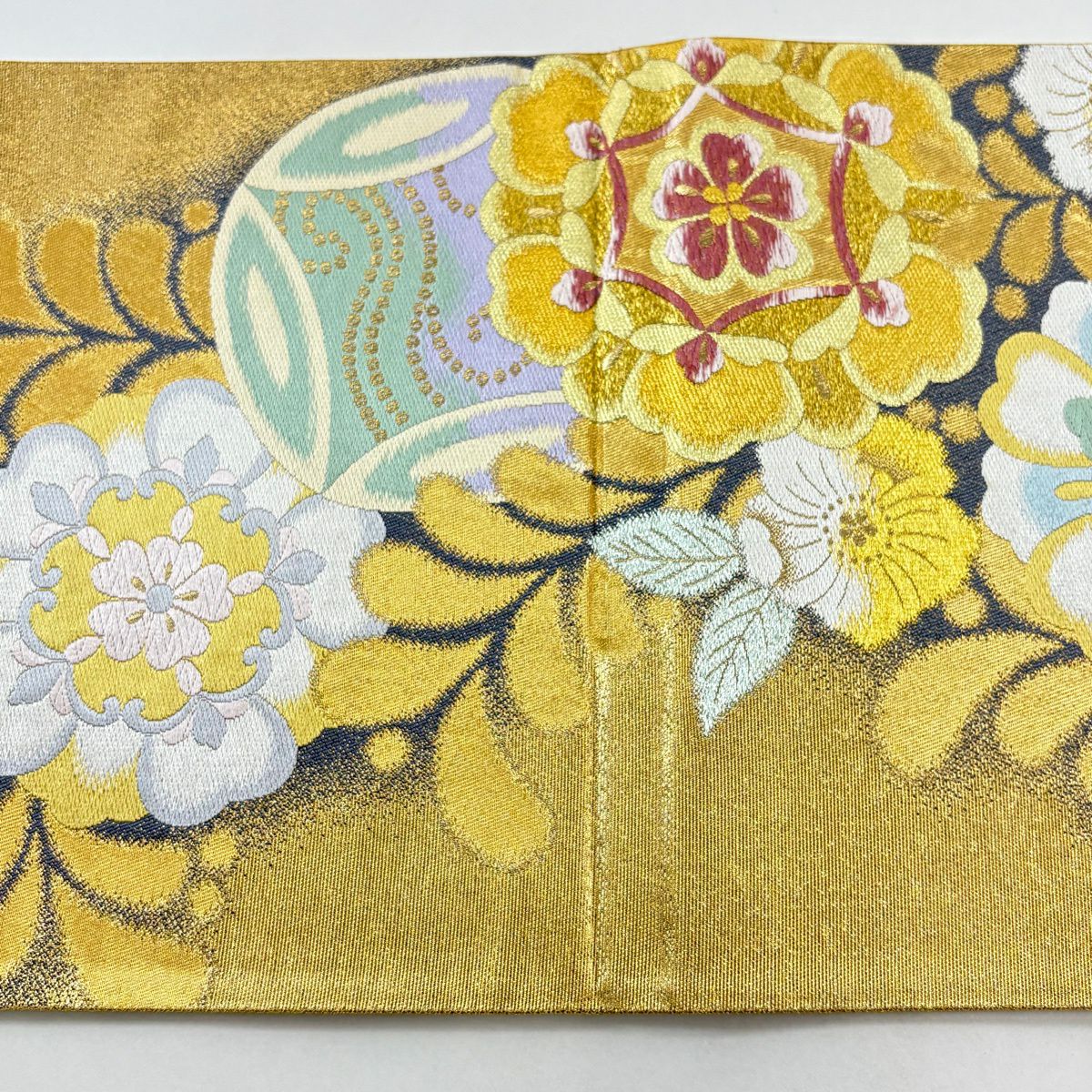 袋帶 秀品級 華紋 草花紋紋 金絲 金金箔 金色 六通 純蠶絲