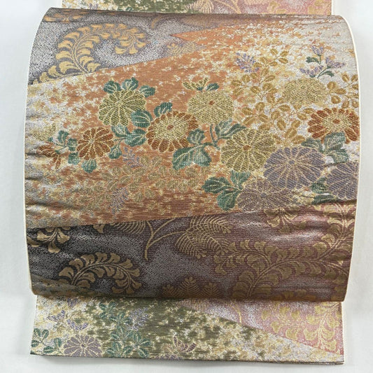 袋帶 秀品級 菊花花 若松樹 金銀絲 金金箔 淺紫 六通 純蠶絲
