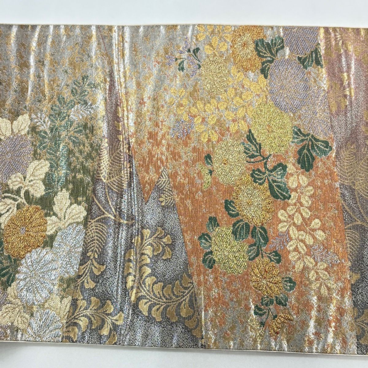 袋帶 秀品級 菊花花 若松樹 金銀絲 金金箔 淺紫 六通 純蠶絲