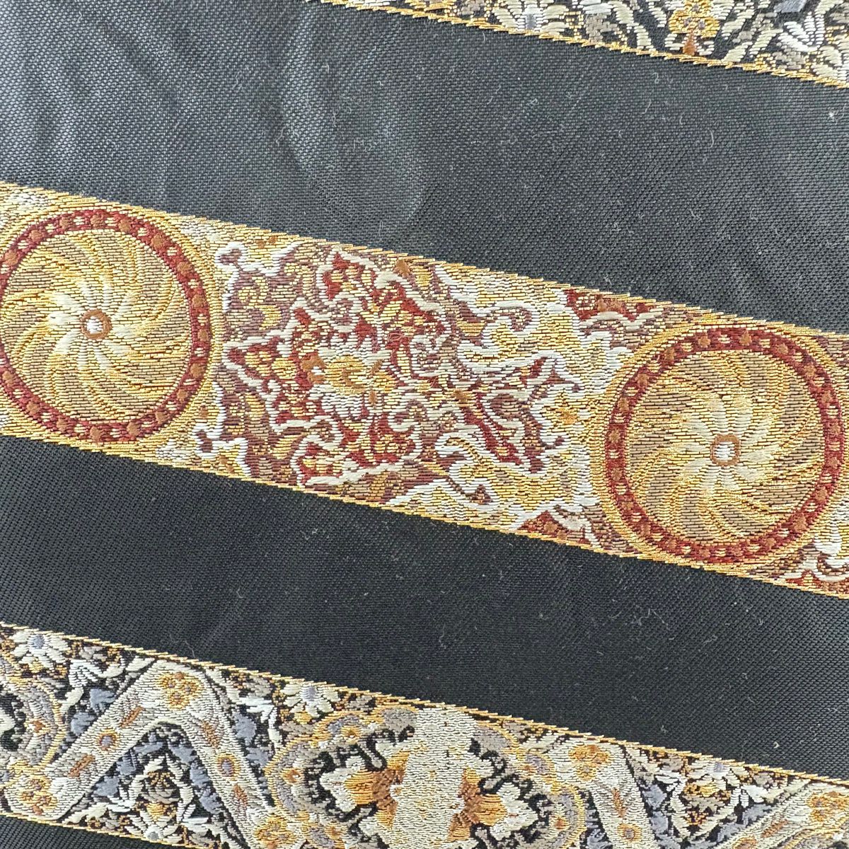 袋帶 秀品級 華紋 花唐草紋 金絲 金金箔 黑灰 六通 純蠶絲