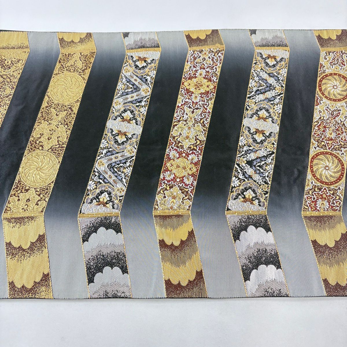 袋帶 秀品級 華紋 花唐草紋 金絲 金金箔 黑灰 六通 純蠶絲