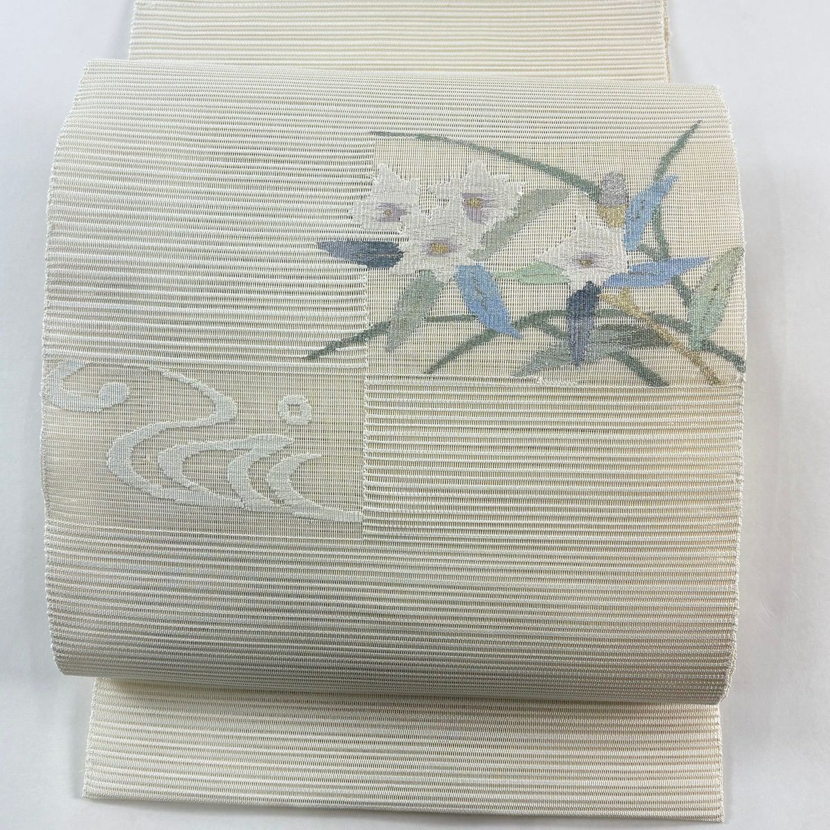 名古屋帶 秀品級 松樹葉仕立 八寸名古屋帶 夏帶 絽 草花紋紋 流水 金銀彩 奶油色 純蠶絲