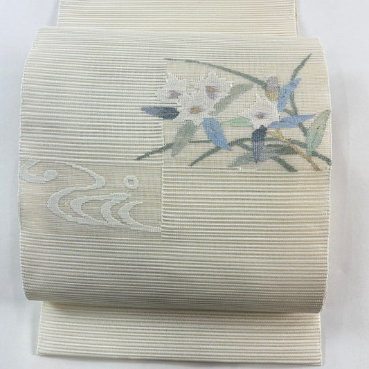 名古屋帶 秀品級 松樹葉仕立 八寸名古屋帶 夏帶 絽 草花紋紋 流水 金銀彩 奶油色 純蠶絲