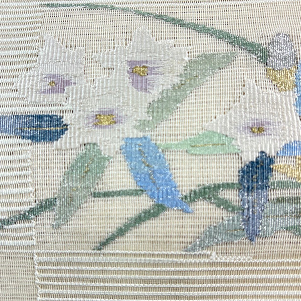 名古屋帶 秀品級 松樹葉仕立 八寸名古屋帶 夏帶 絽 草花紋紋 流水 金銀彩 奶油色 純蠶絲