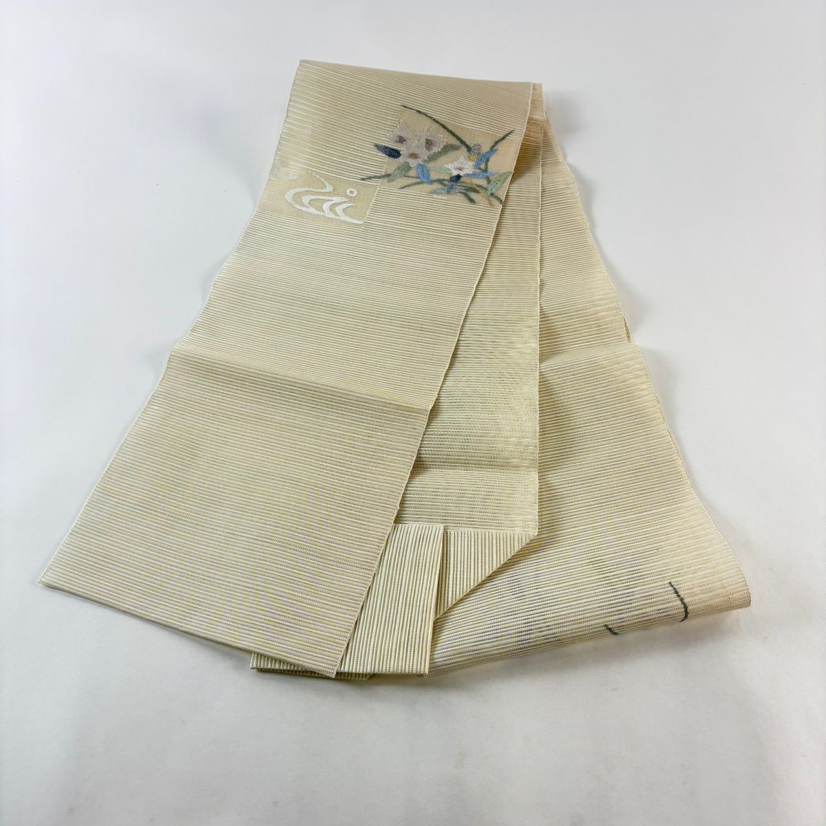 名古屋帶 秀品級 松樹葉仕立 八寸名古屋帶 夏帶 絽 草花紋紋 流水 金銀彩 奶油色 純蠶絲