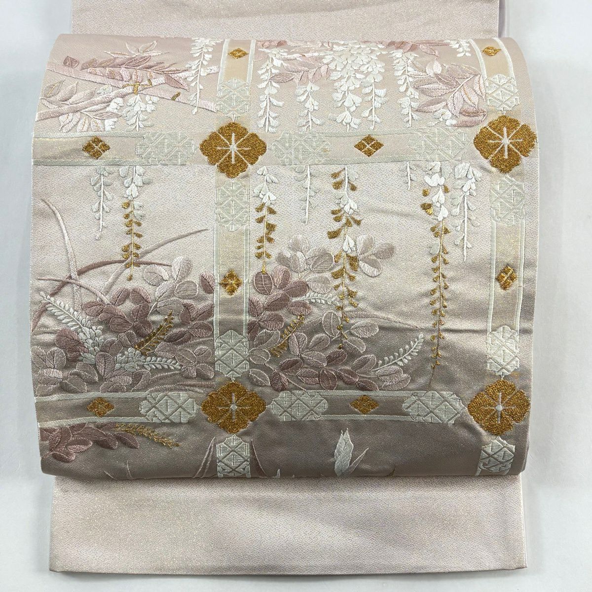 袋帶 秀品級 萩 花菱 刺繡 金通 薄小豆 お太鼓柄 純蠶絲