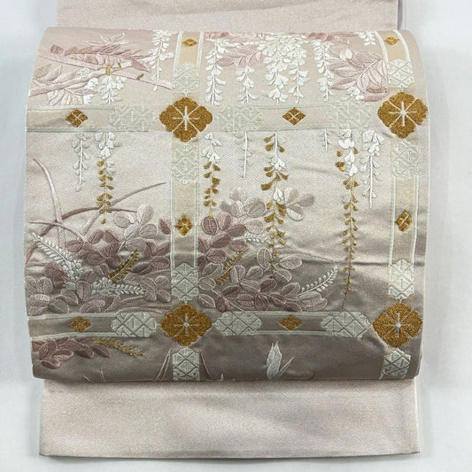 袋帶 秀品級 萩 花菱 刺繡 金通 薄小豆 お太鼓柄 純蠶絲