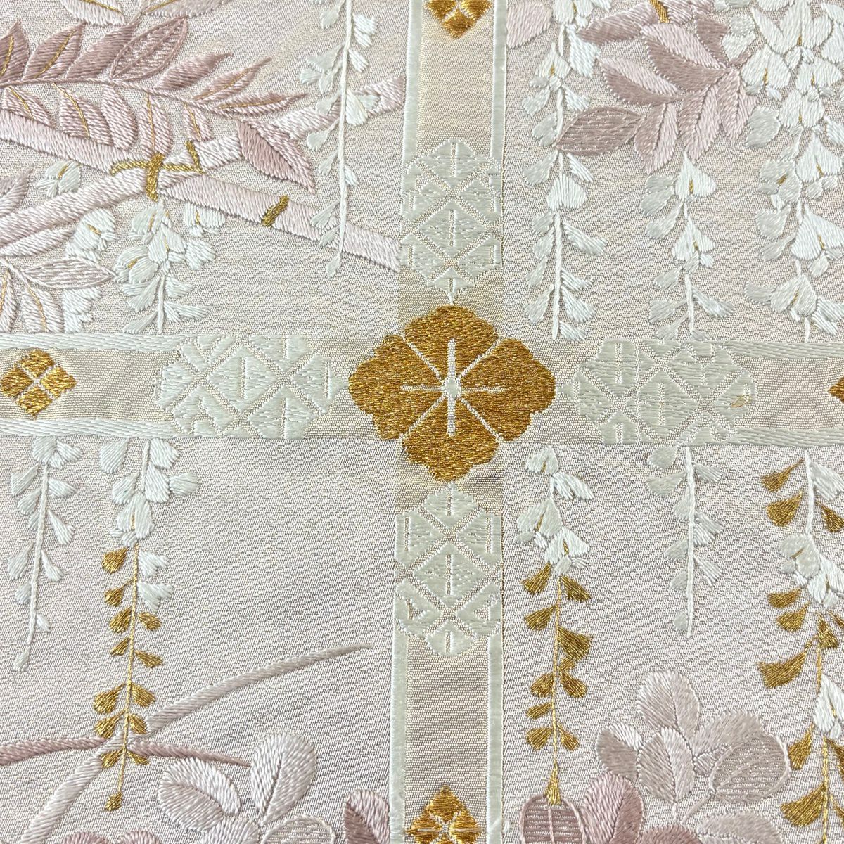 袋帶 秀品級 萩 花菱 刺繡 金通 薄小豆 お太鼓柄 純蠶絲