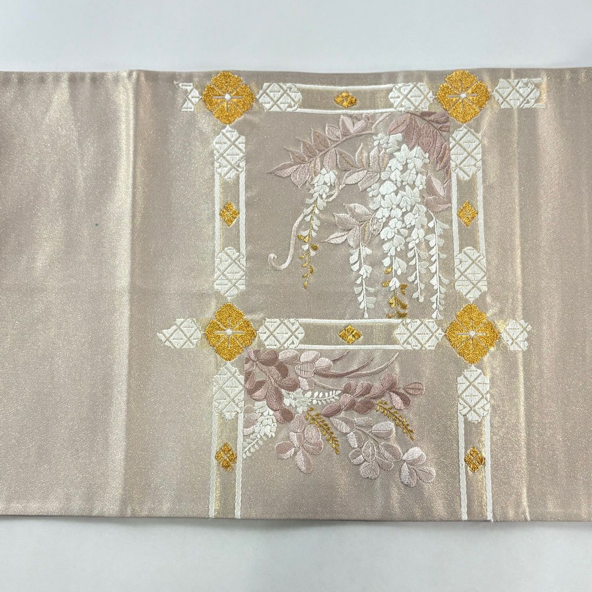 袋帶 秀品級 萩 花菱 刺繡 金通 薄小豆 お太鼓柄 純蠶絲