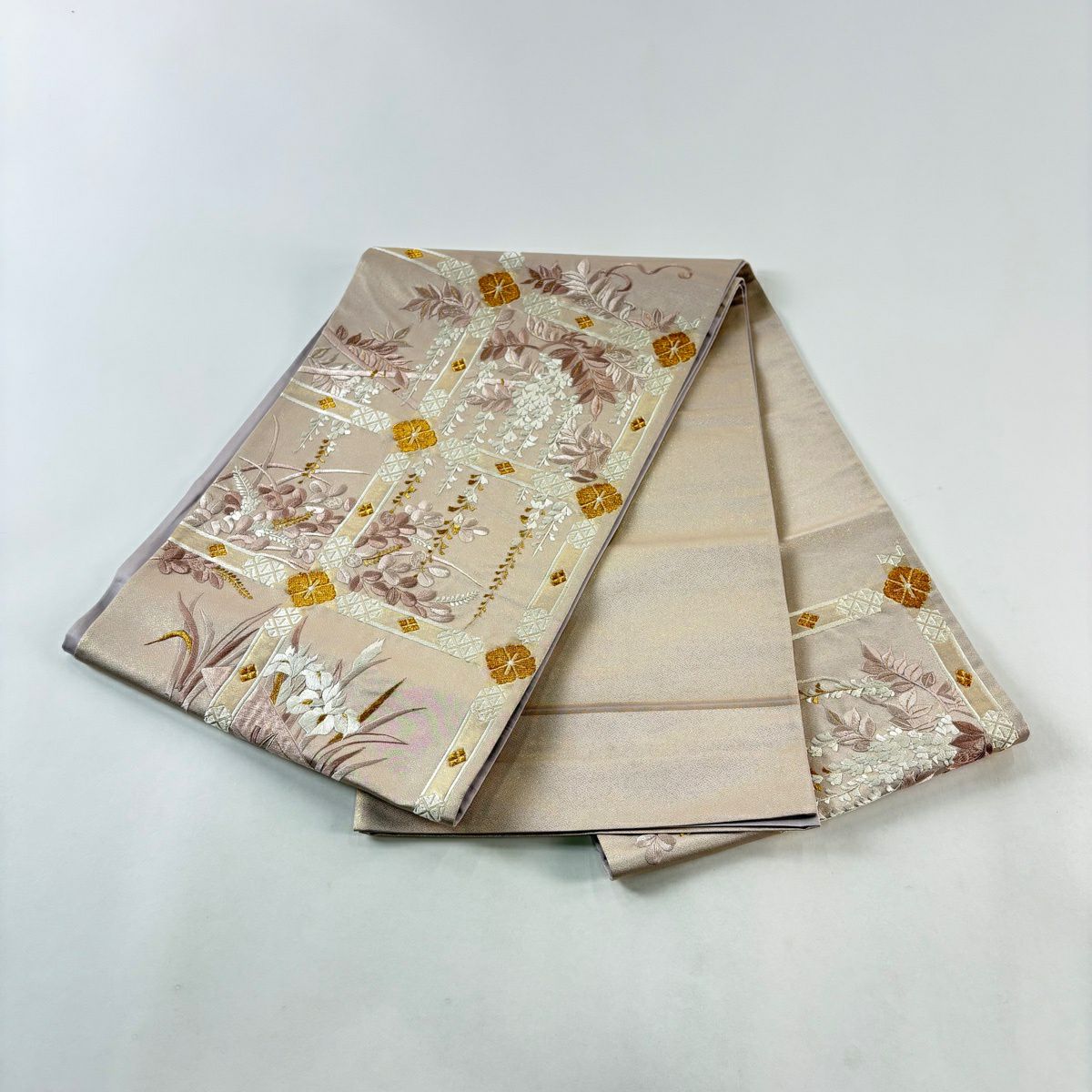 袋帶 秀品級 萩 花菱 刺繡 金通 薄小豆 お太鼓柄 純蠶絲