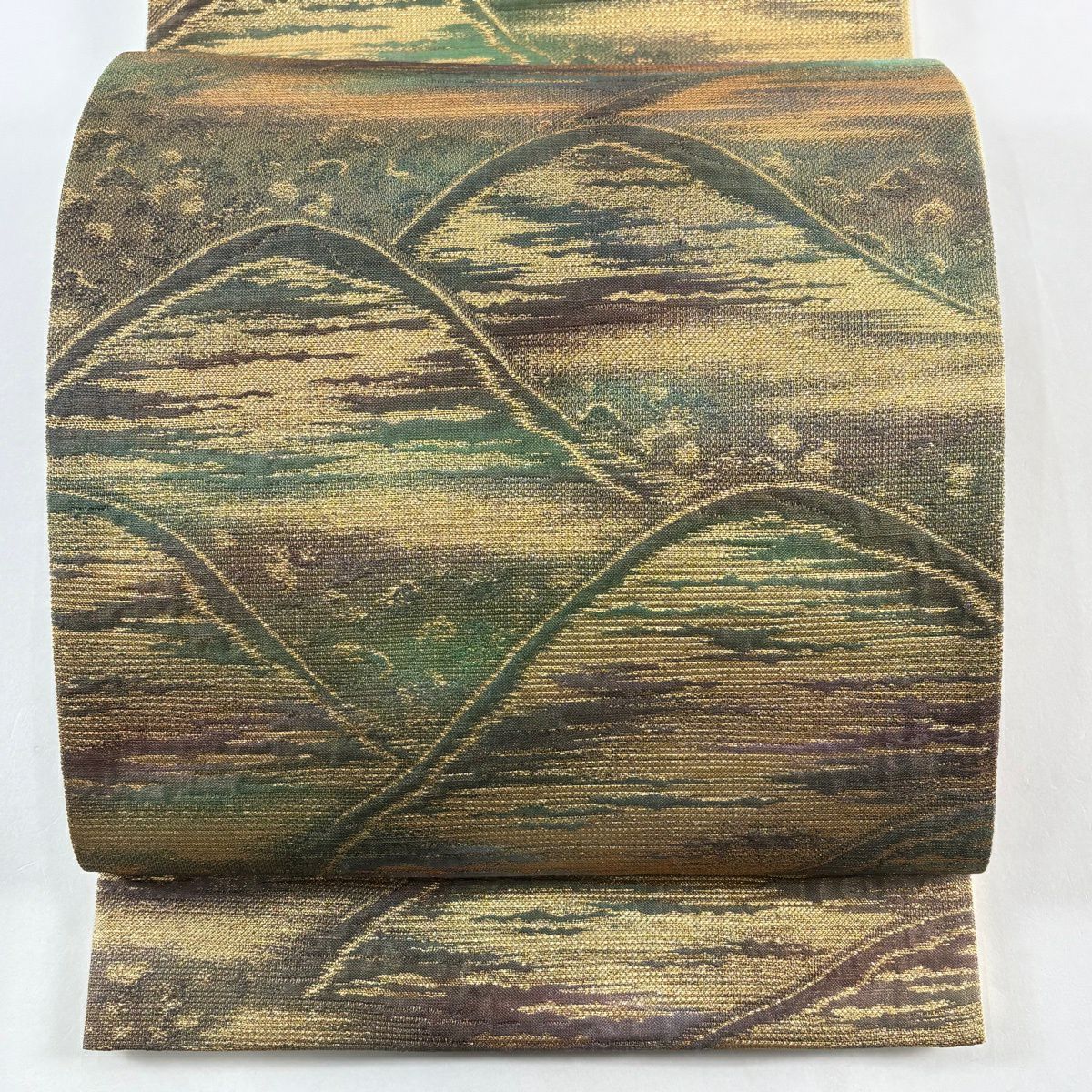 袋帶 秀品級 附有落款 山並 霞 金絲 金金箔＋ 灰綠 全通 純蠶絲