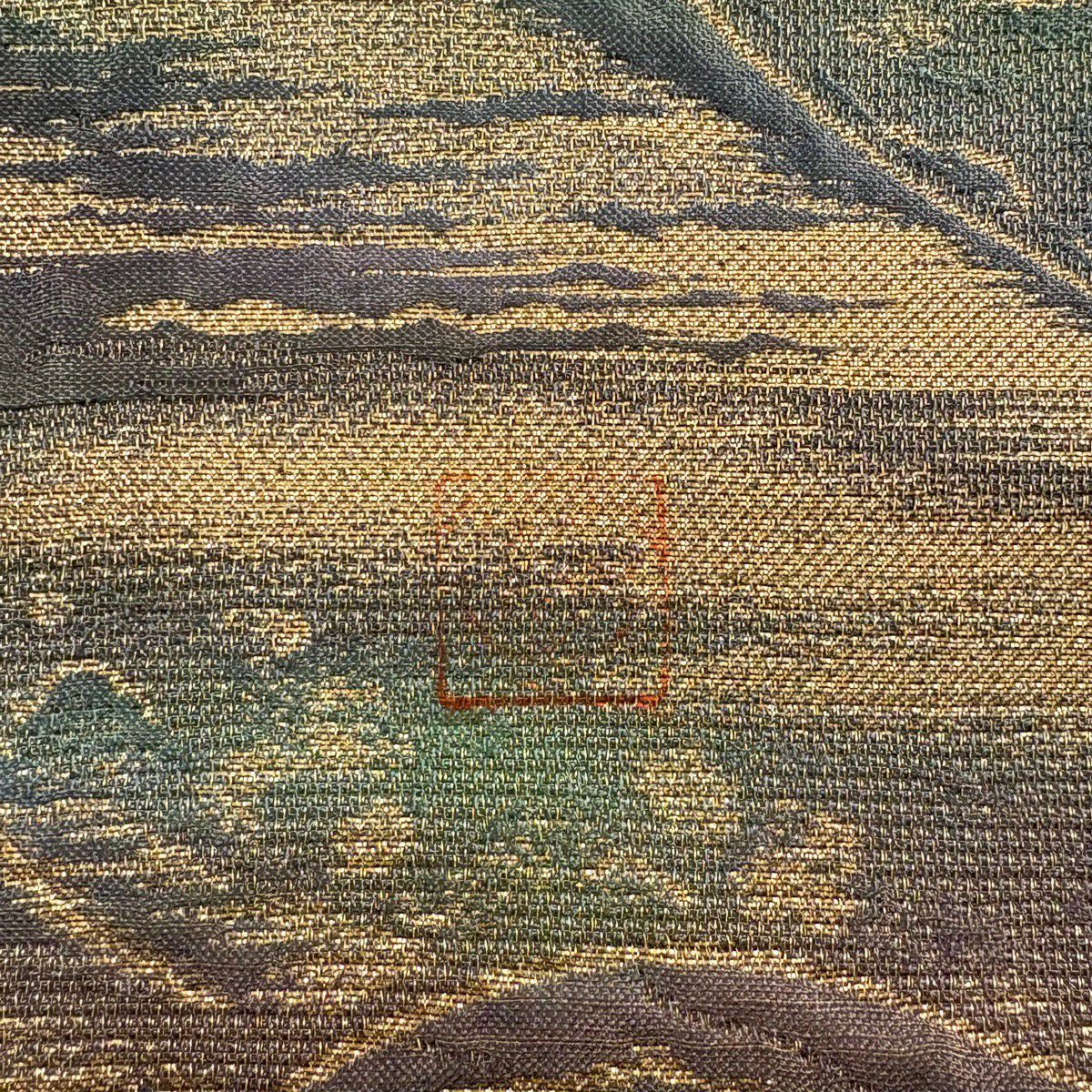 袋帶 秀品級 附有落款 山並 霞 金絲 金金箔＋ 灰綠 全通 純蠶絲