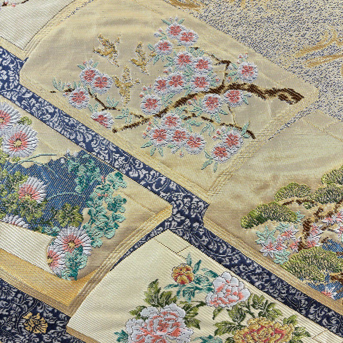 【美品】 袋帶 秀品級 四季奧州旅日記文 草花紋紋 金絲 金金箔 金色 六通 純蠶絲