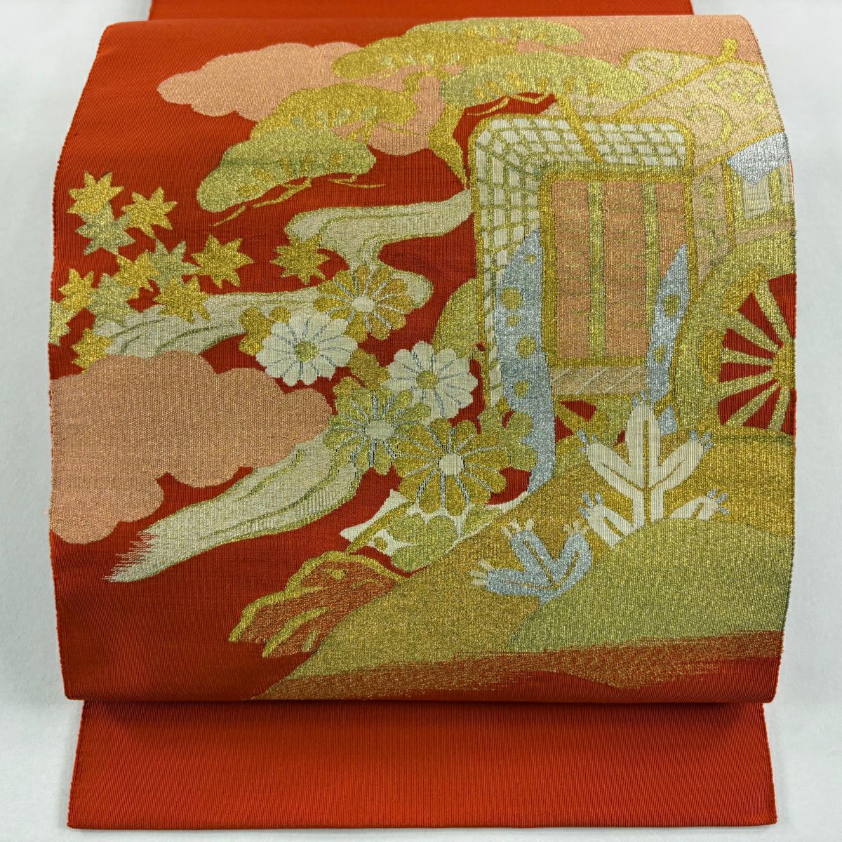名古屋帶 秀品級 八寸名古屋帶 松樹葉仕立 御所車 松樹 金銀彩 綴織 朱 純蠶絲