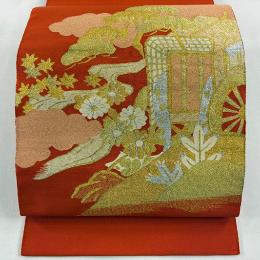 名古屋帶 秀品級 八寸名古屋帶 松樹葉仕立 御所車 松樹 金銀彩 綴織 朱 純蠶絲