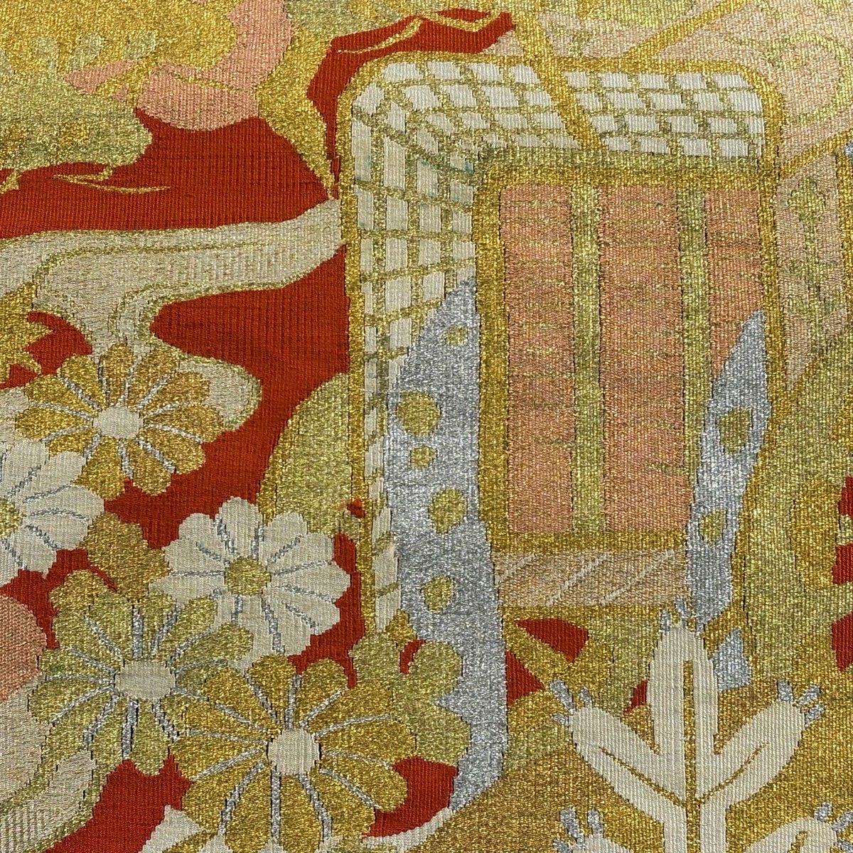 名古屋帶 秀品級 八寸名古屋帶 松樹葉仕立 御所車 松樹 金銀彩 綴織 朱 純蠶絲