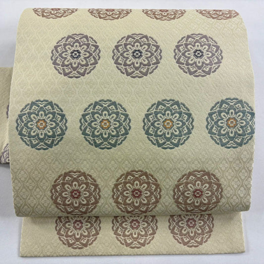 【美品】名古屋帶 秀品級 華紋 米色 純蠶絲