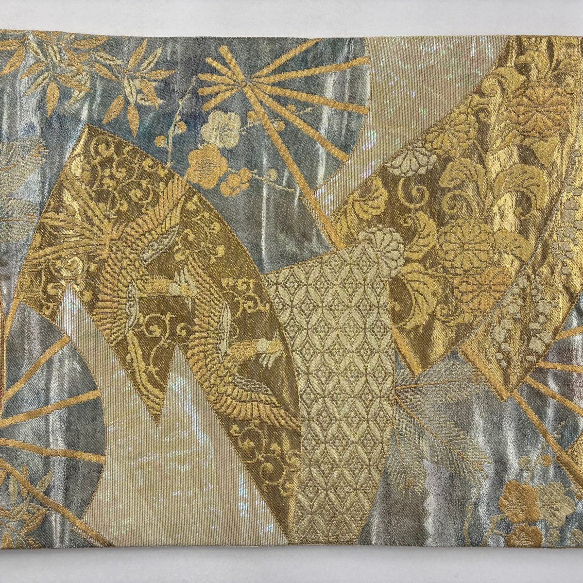 袋帶 秀品級 關西仕立 扇子子 鳳凰 螺鈿織 金金箔 灰綠 六通 純蠶絲
