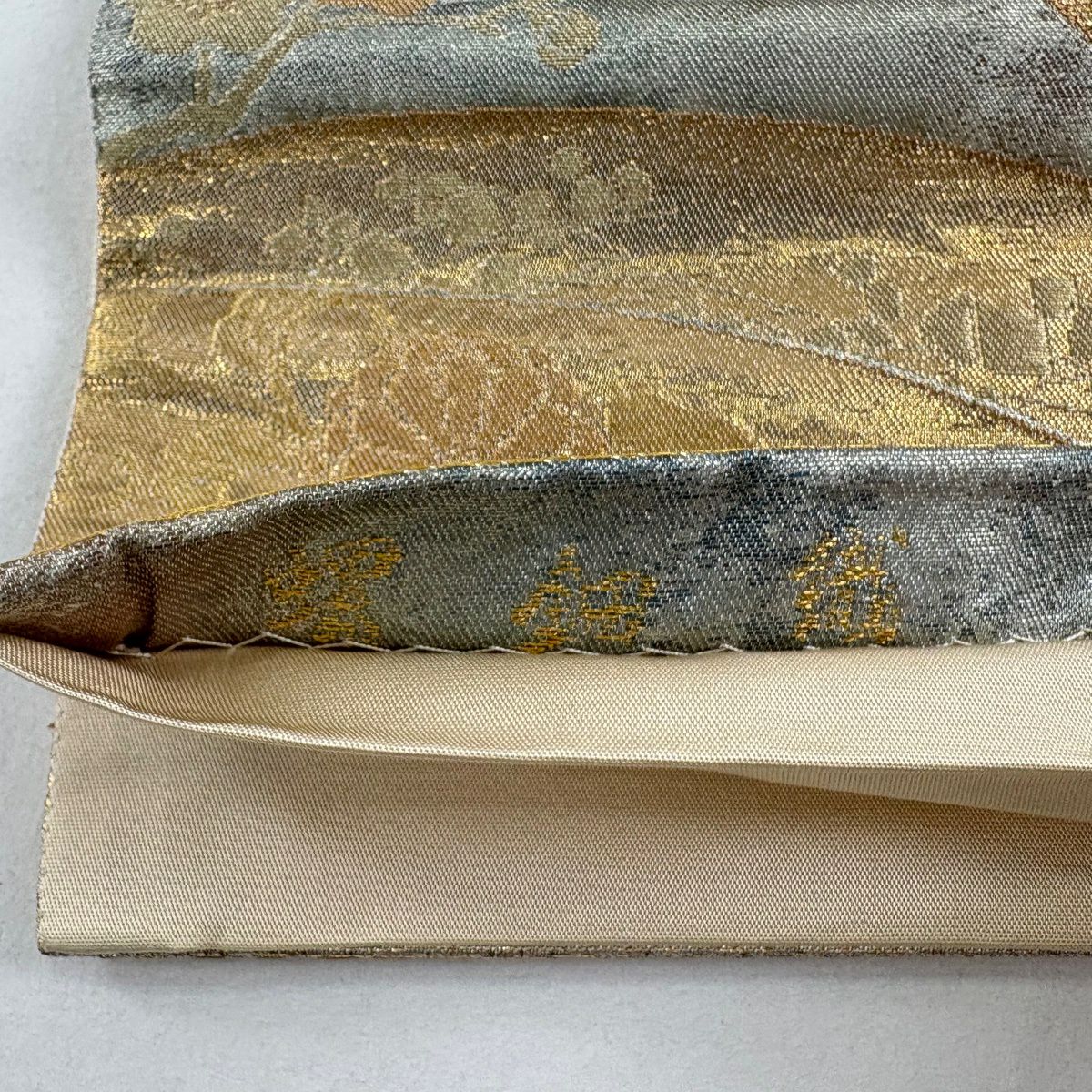 袋帶 秀品級 關西仕立 扇子子 鳳凰 螺鈿織 金金箔 灰綠 六通 純蠶絲