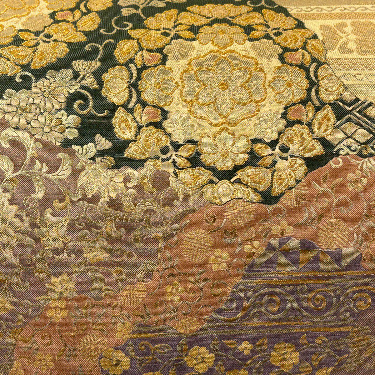 【美品】 袋帶 秀品級 華紋 花鳥 金絲 金金箔 金色 六通 純蠶絲