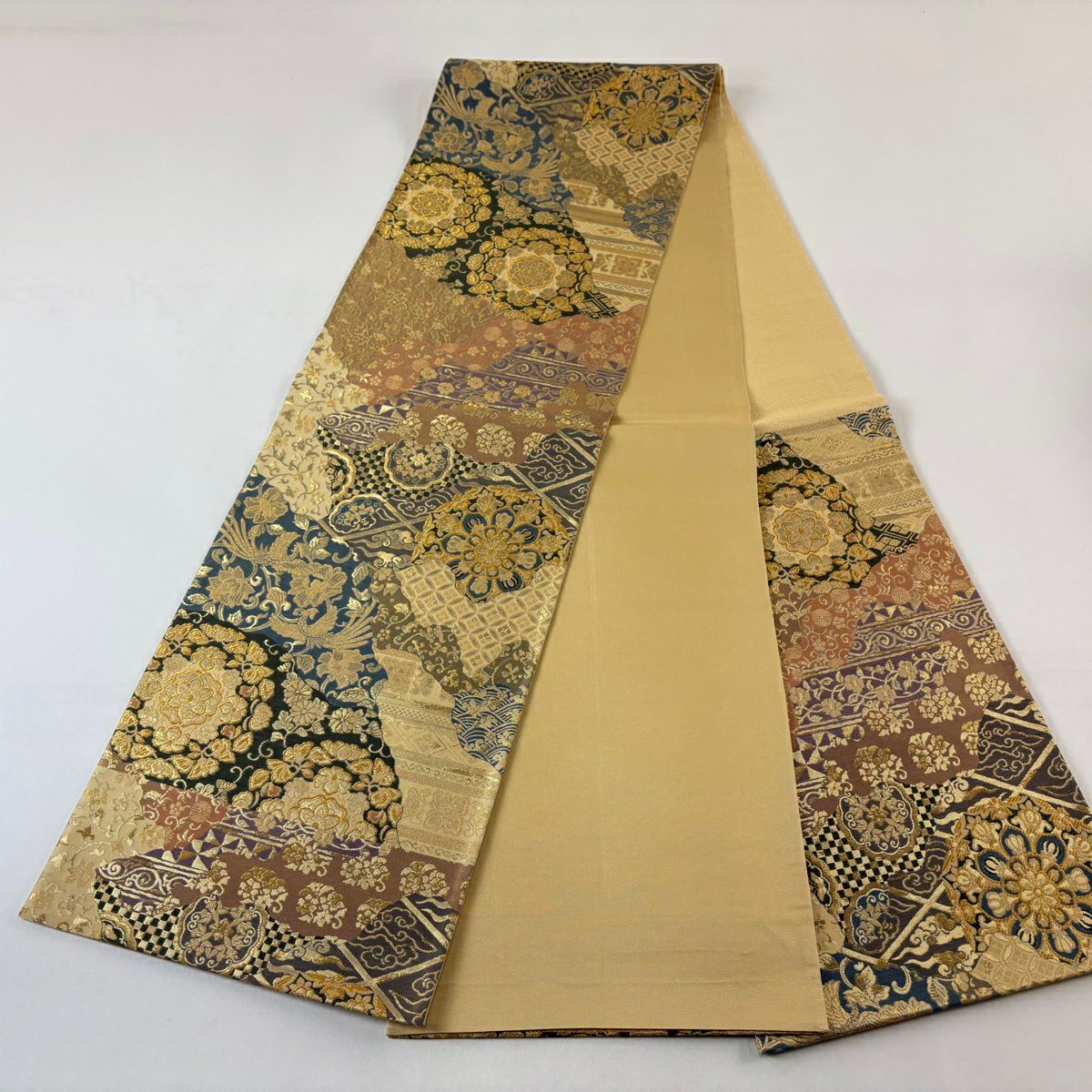 【美品】 袋帶 秀品級 華紋 花鳥 金絲 金金箔 金色 六通 純蠶絲