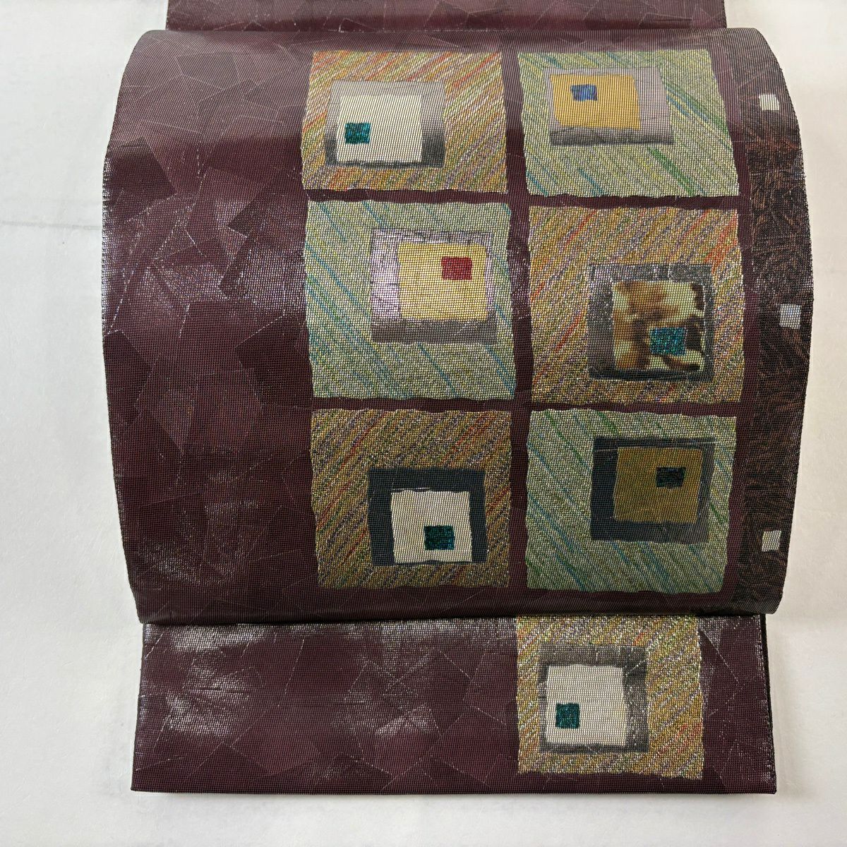 【美品】 袋帶 秀品級 幾何學 金金箔 紅紫 お太鼓圖案 純蠶絲