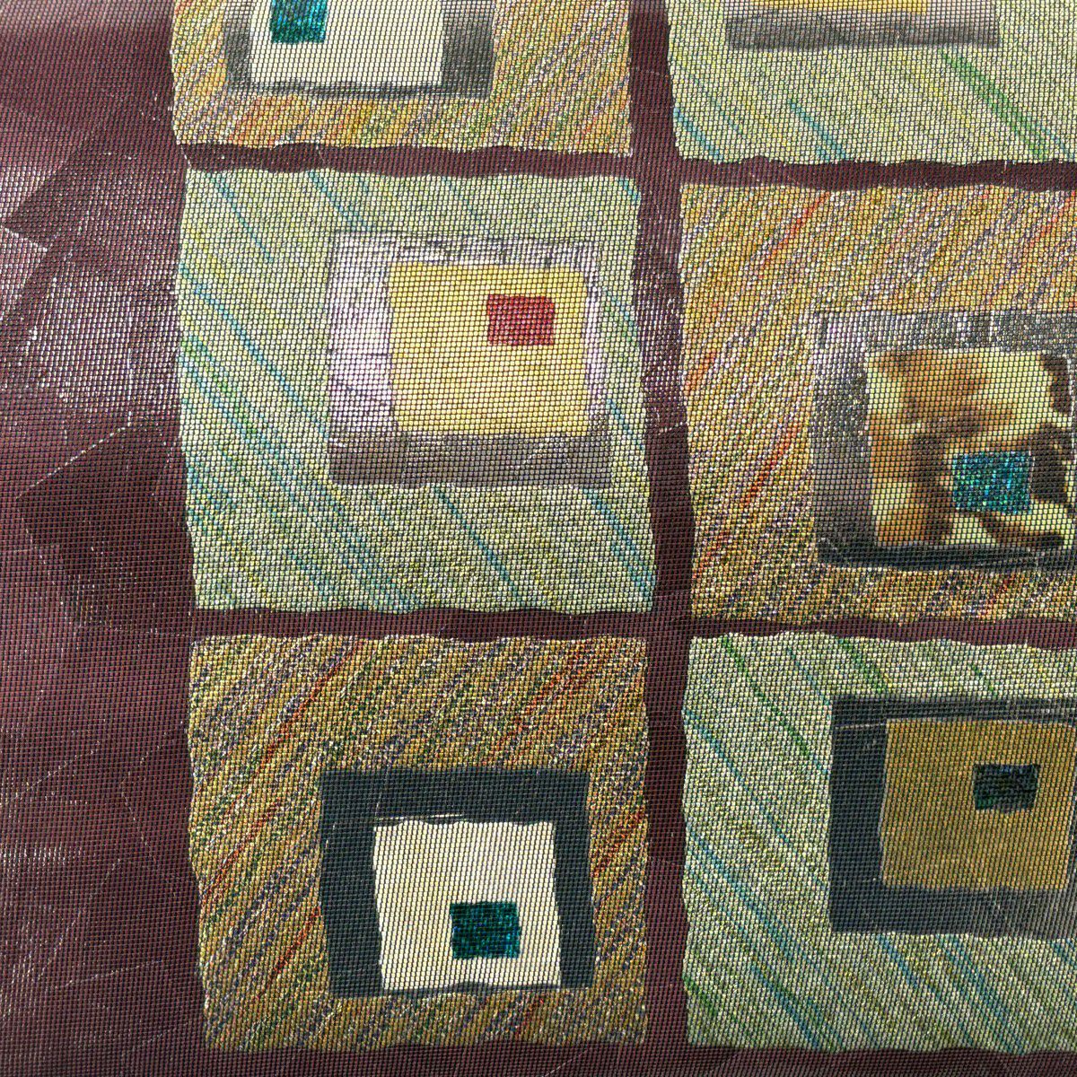【美品】 袋帶 秀品級 幾何學 金金箔 紅紫 お太鼓圖案 純蠶絲