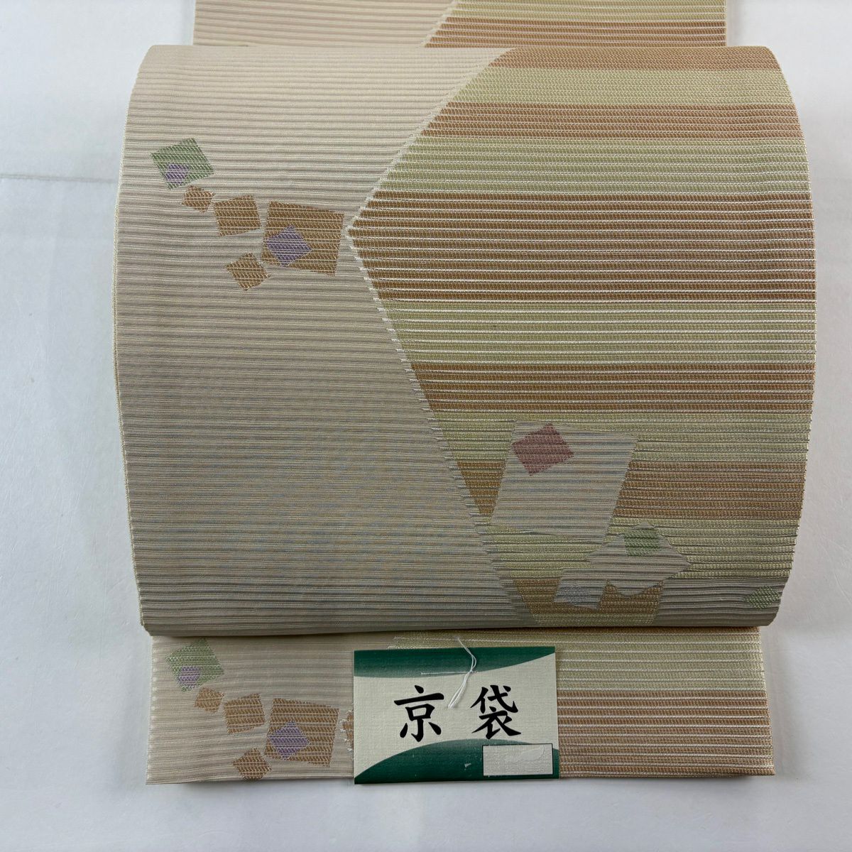【美品】 袋帶 名古屋帶 秀品級 幾何學 縞紋 米色 化纖