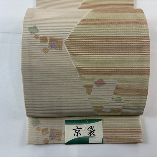 【美品】 袋帶 名古屋帶 秀品級 幾何學 縞紋 米色 化纖